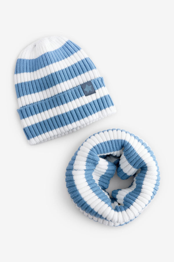 Blue Stripe Beanie Hat and Snood Set (1-13yrs)