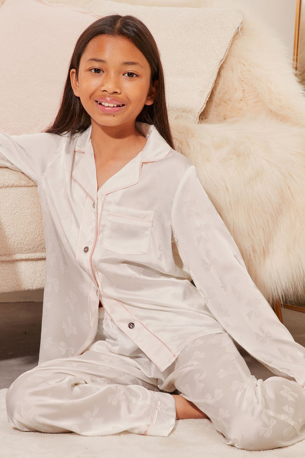 White Bow Jacquard Satin Pyjamas (5-16yrs)