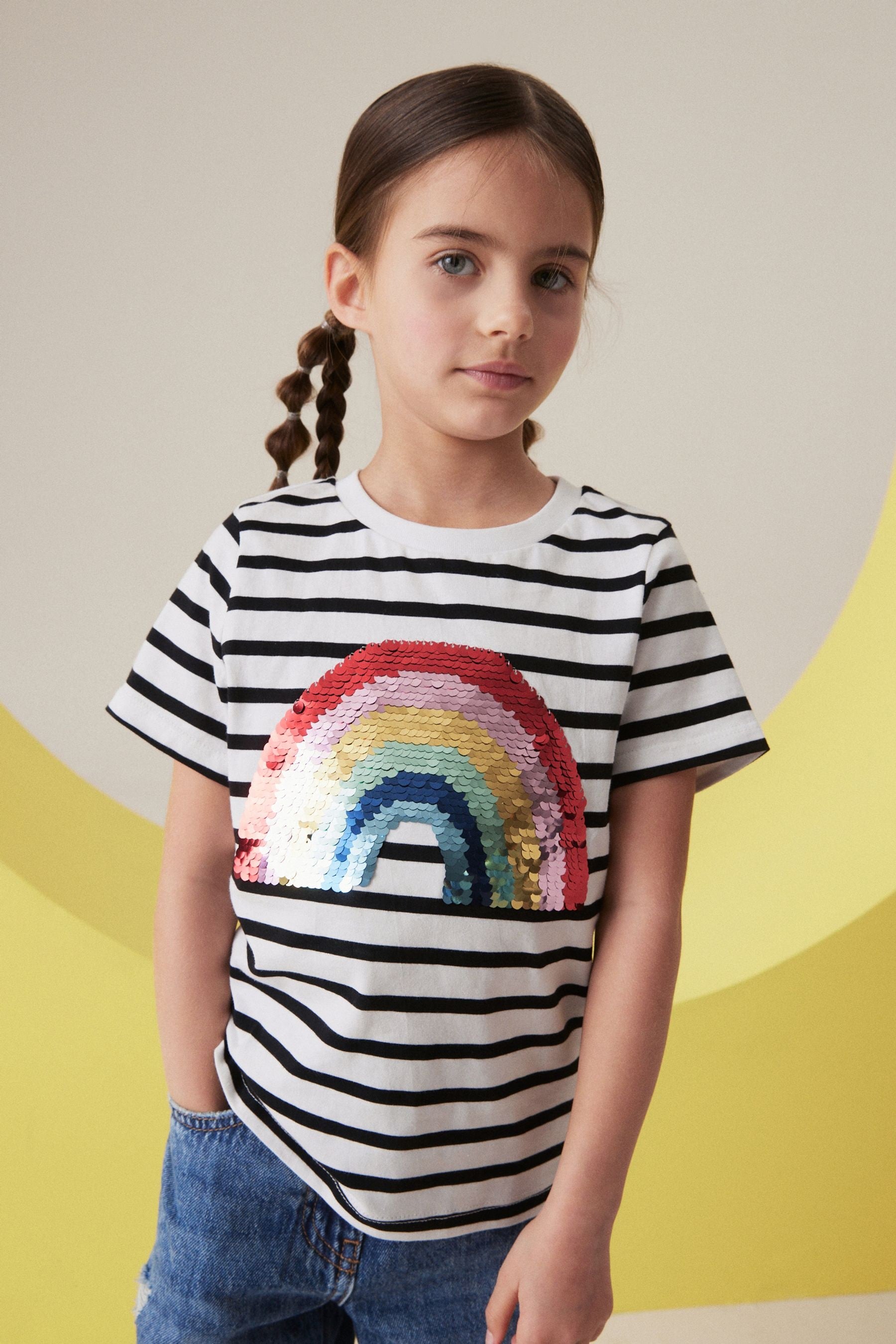 Black/White Sequin Rainbow Stripe T-Shirt (3-16yrs)