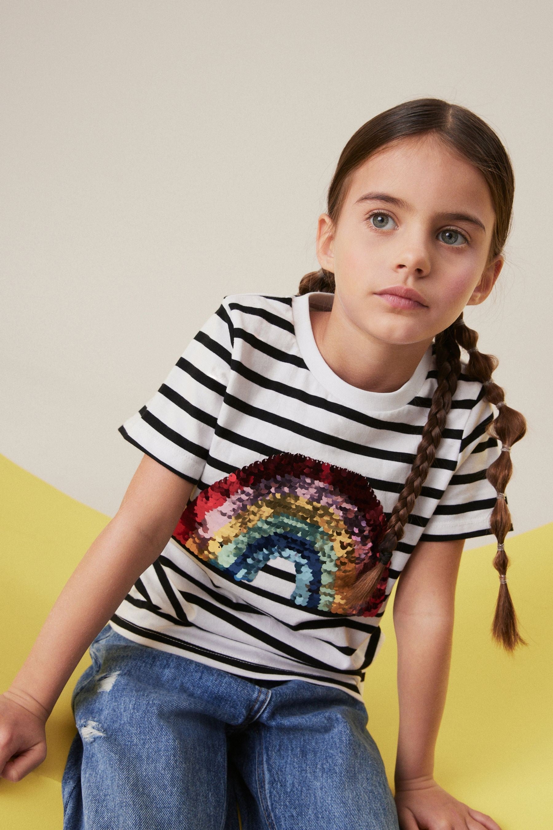 Black/White Sequin Rainbow Stripe T-Shirt (3-16yrs)