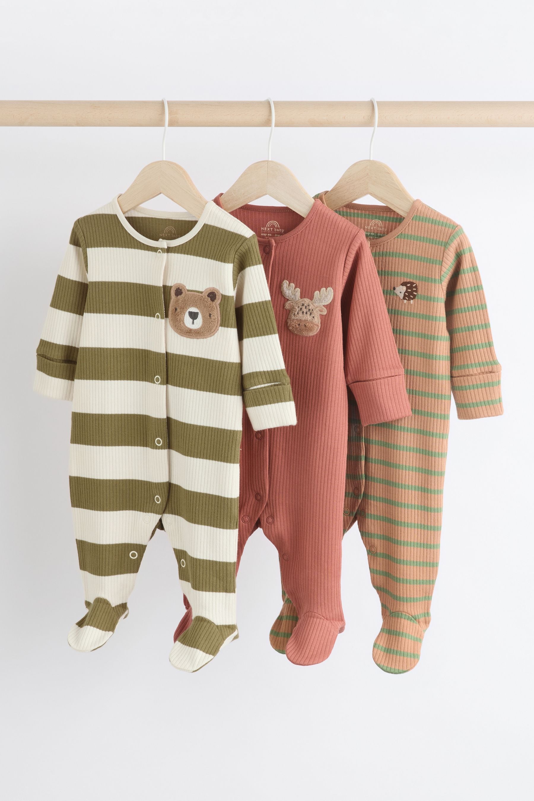 Brown/Khaki Smiley Printed 3 Pack Baby Sleepsuits (0mths-2yrs)