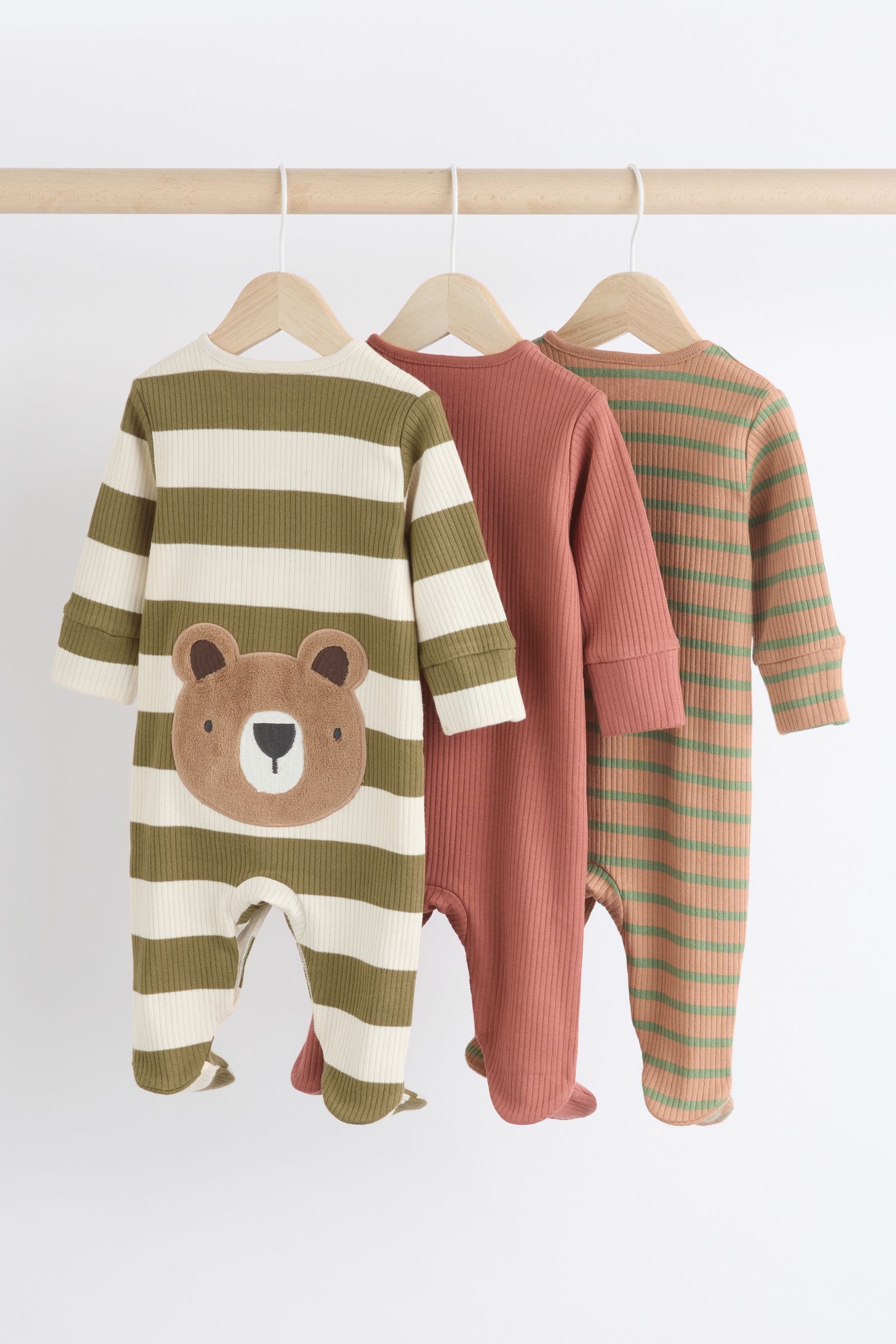 Brown/Khaki Smiley Printed 3 Pack Baby Sleepsuits (0mths-2yrs)