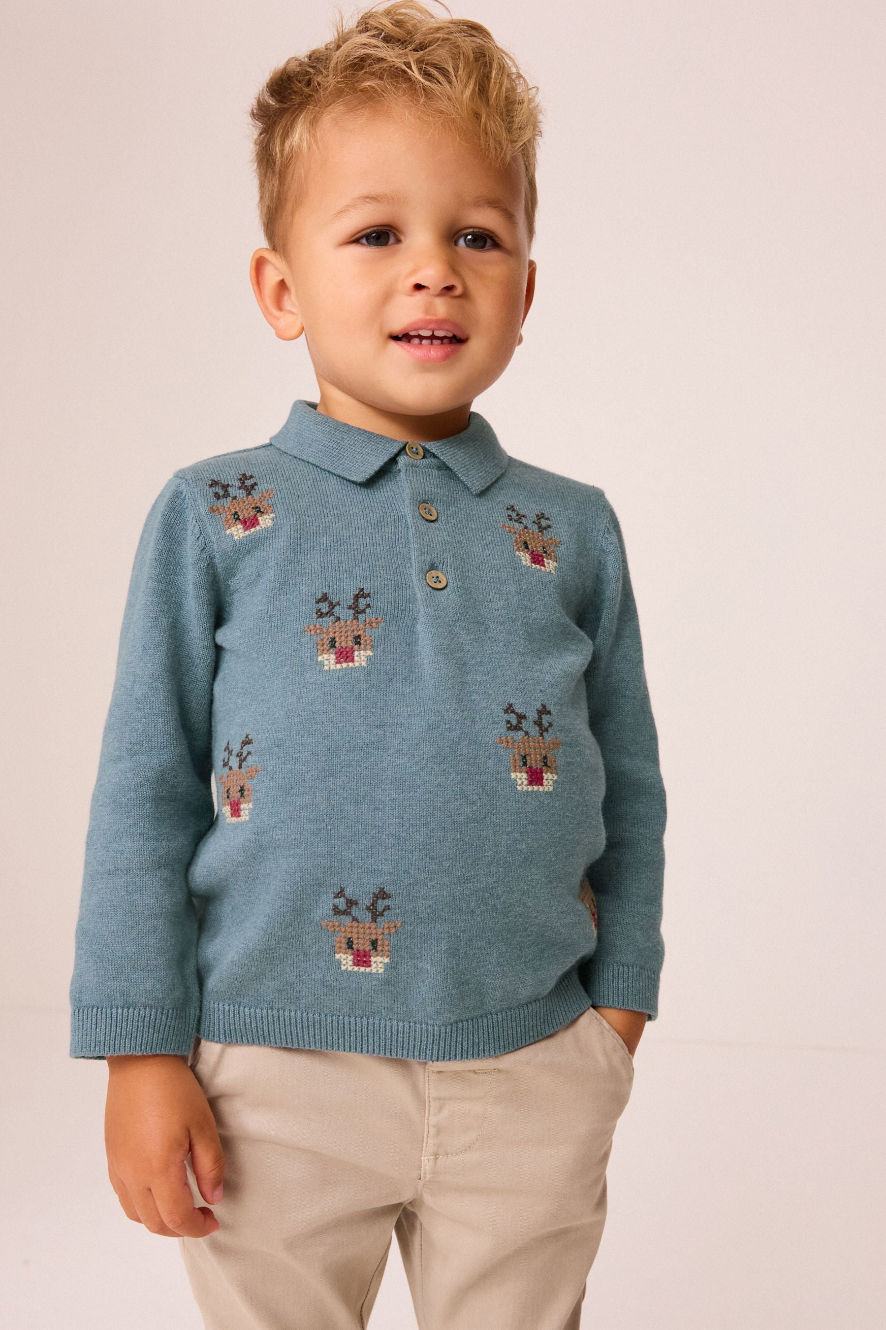 Blue Reindeer 100% Cotton Christmas Long Sleeve Knitted Polo Shirt (3mths-7yrs)