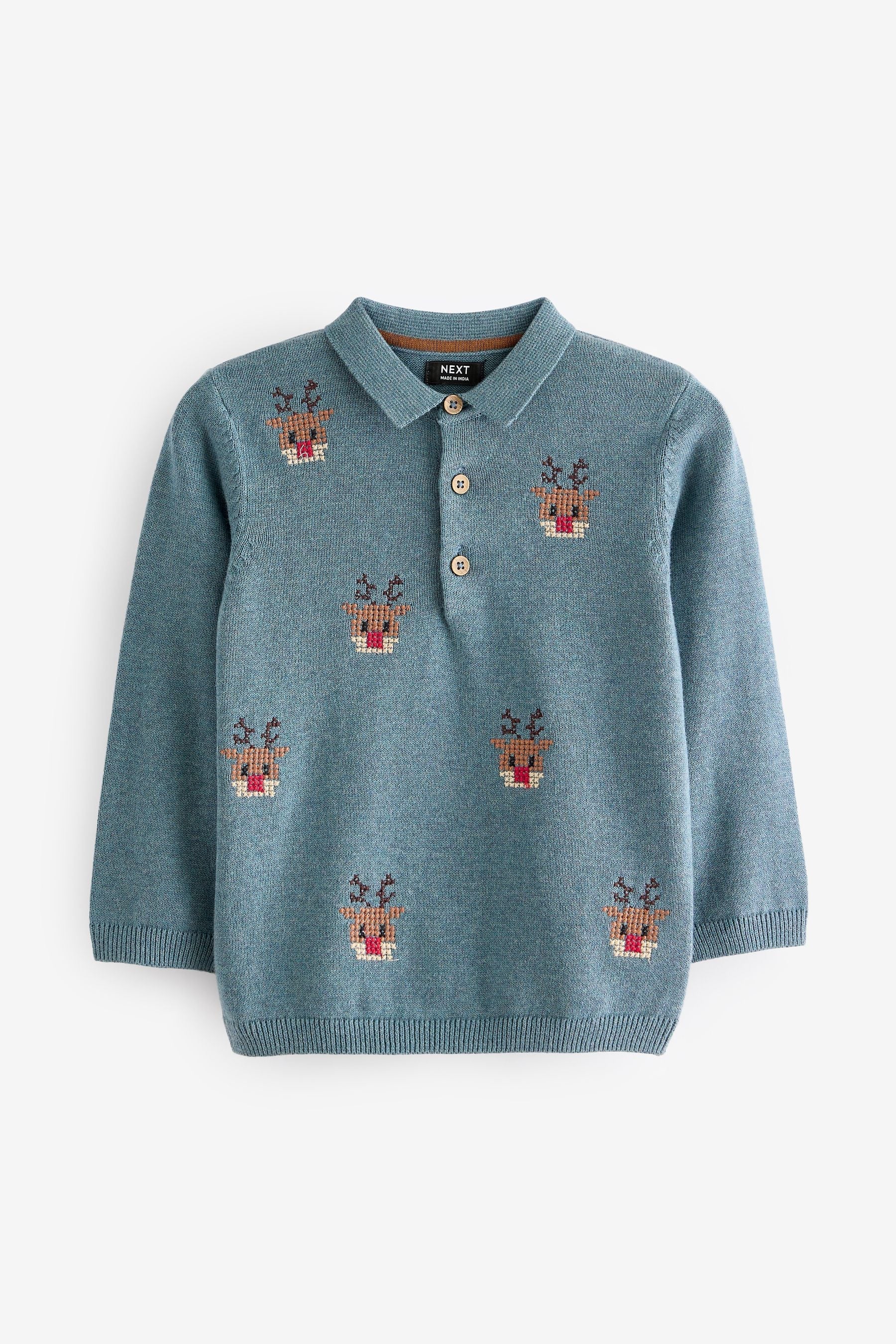 Blue Reindeer 100% Cotton Christmas Long Sleeve Knitted Polo Shirt (3mths-7yrs)