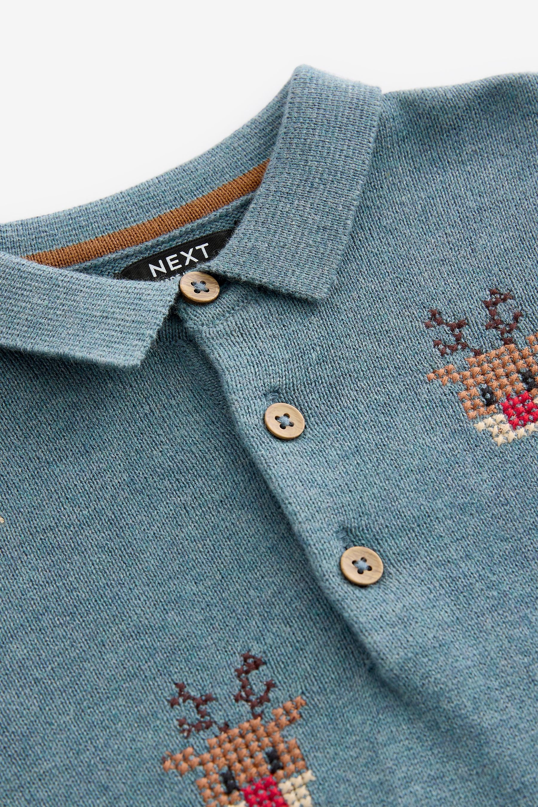 Blue Reindeer 100% Cotton Christmas Long Sleeve Knitted Polo Shirt (3mths-7yrs)