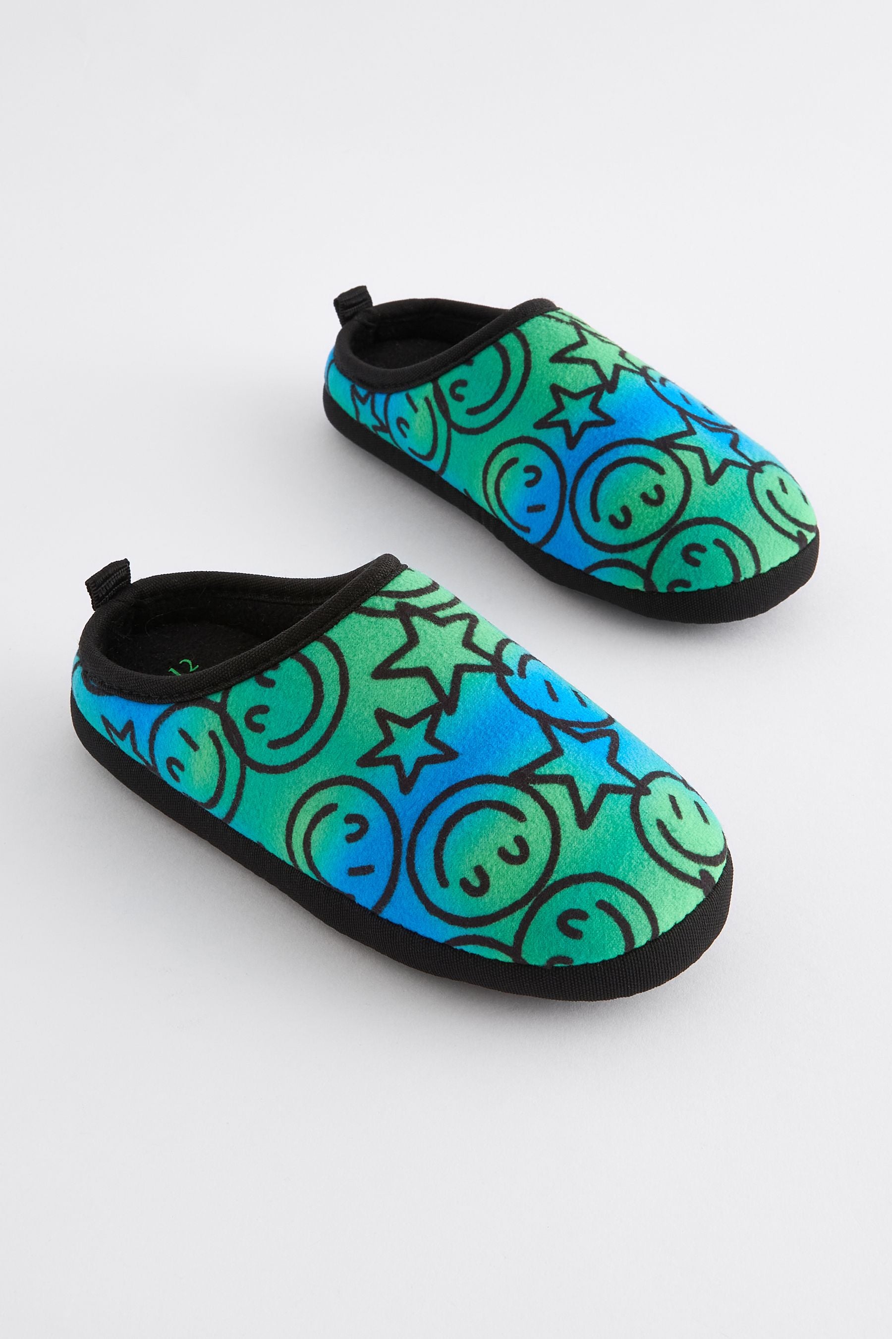 Blue Green Happy Face Warm Lined Mule Slippers