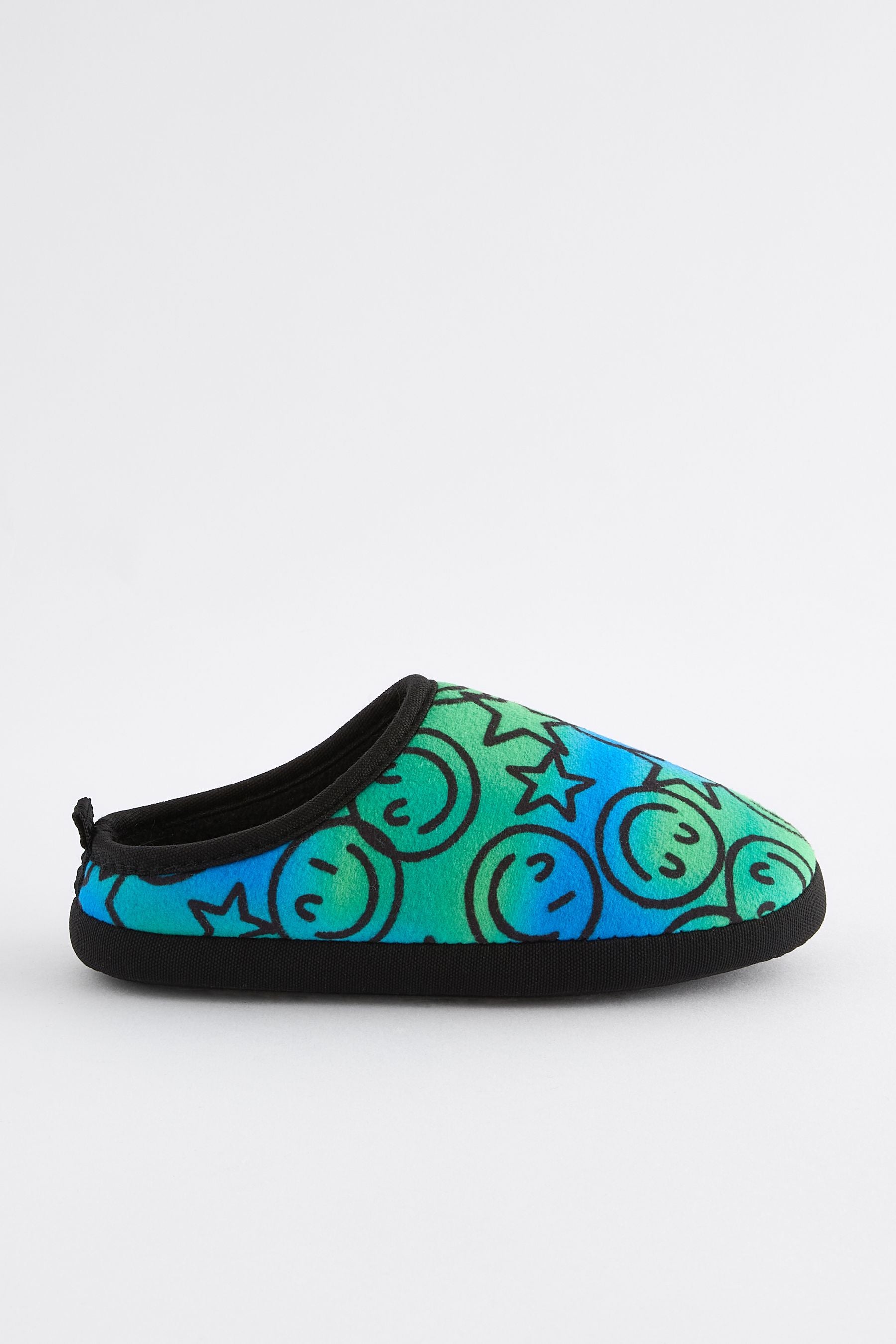 Blue Green Happy Face Warm Lined Mule Slippers