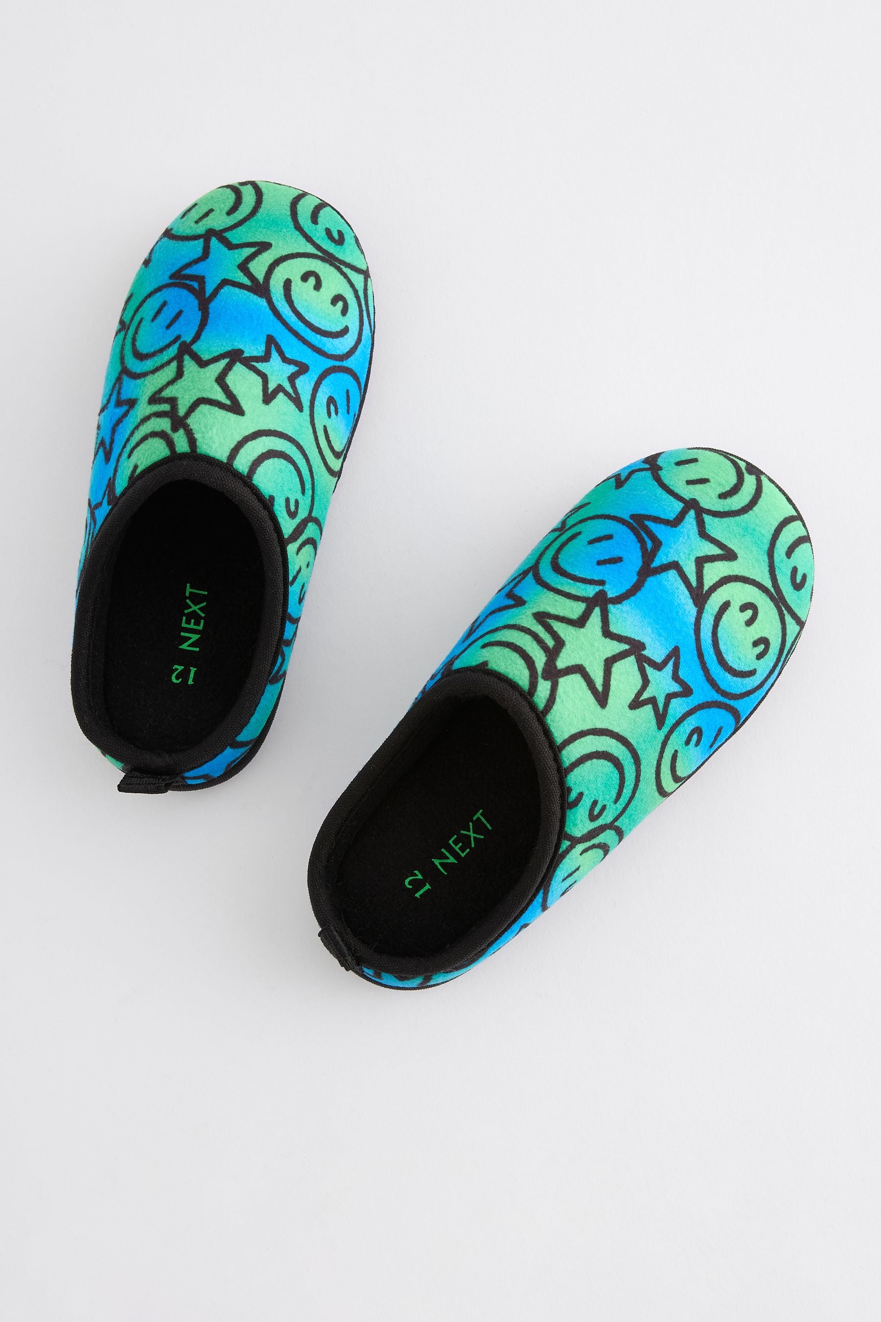 Blue Green Happy Face Warm Lined Mule Slippers