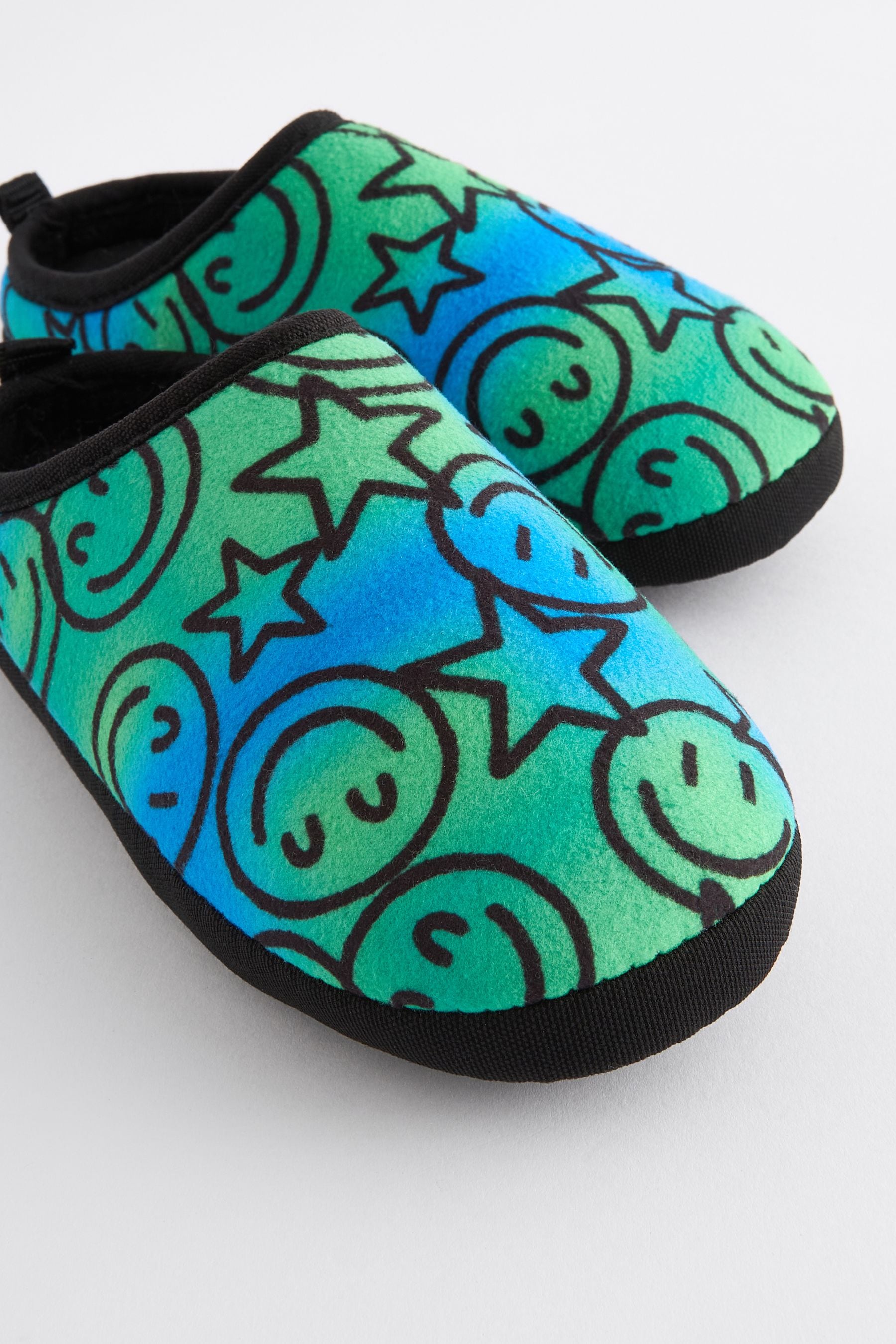 Blue Green Happy Face Warm Lined Mule Slippers