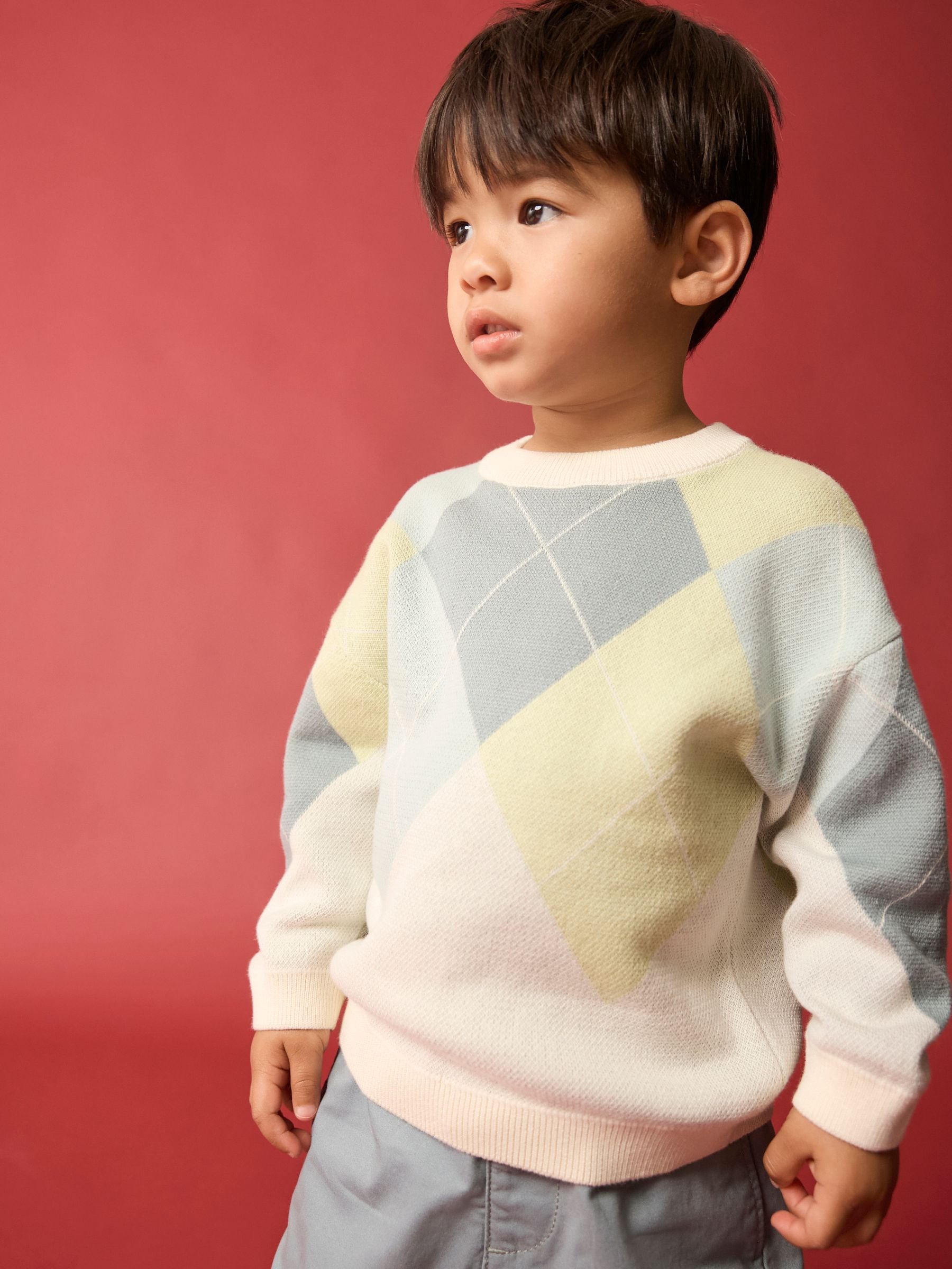 Green/Blue Argyle Knitted Crew Neck 100% Cotton Jumper (3mths-7yrs)