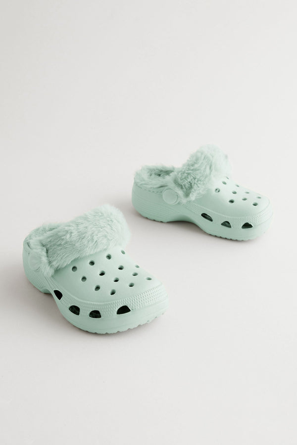 Sage Green Faux Fur Lined Clog Slippers