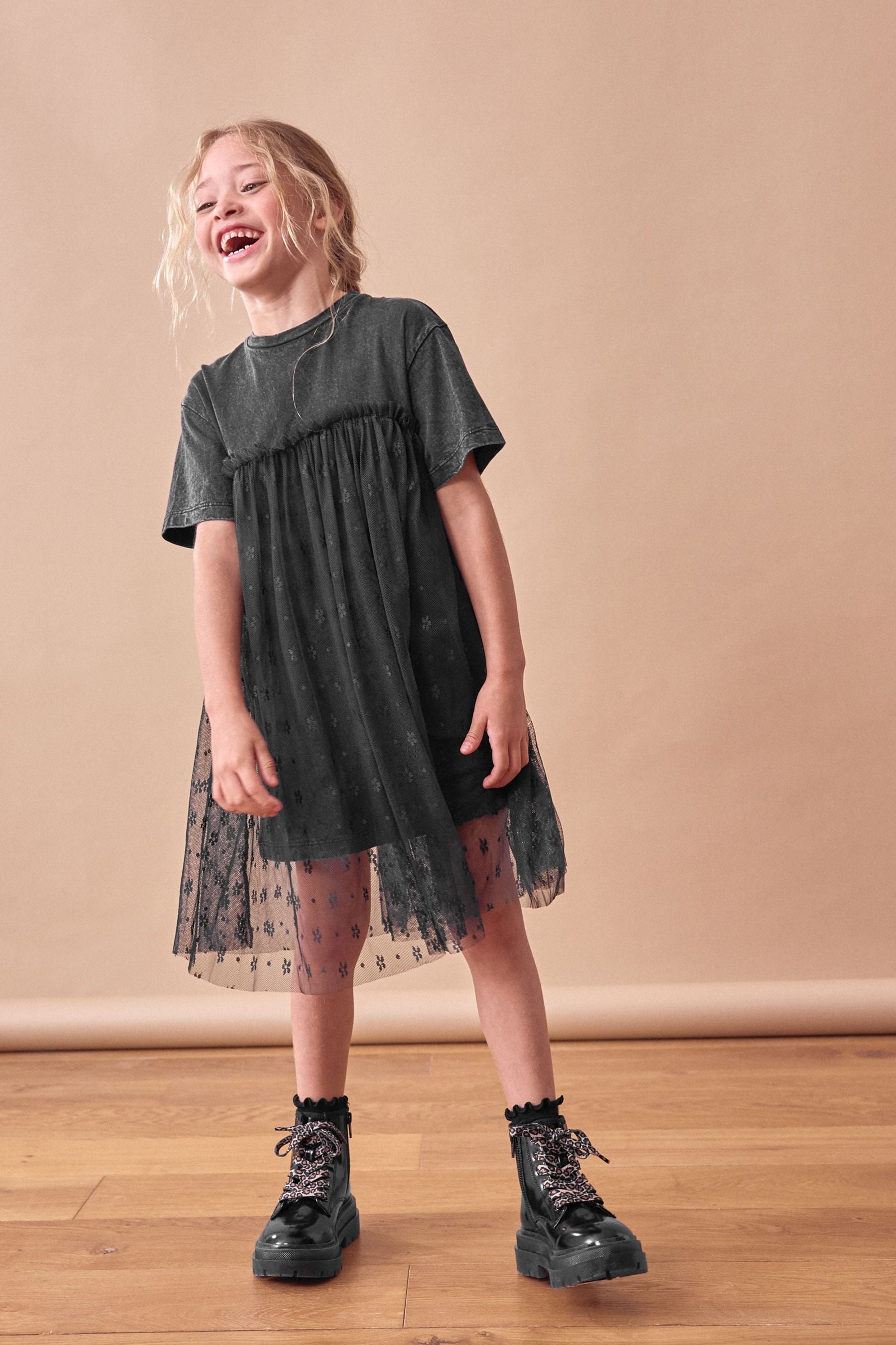 Washed Black Lace T-Shirt Dress (3-16yrs)