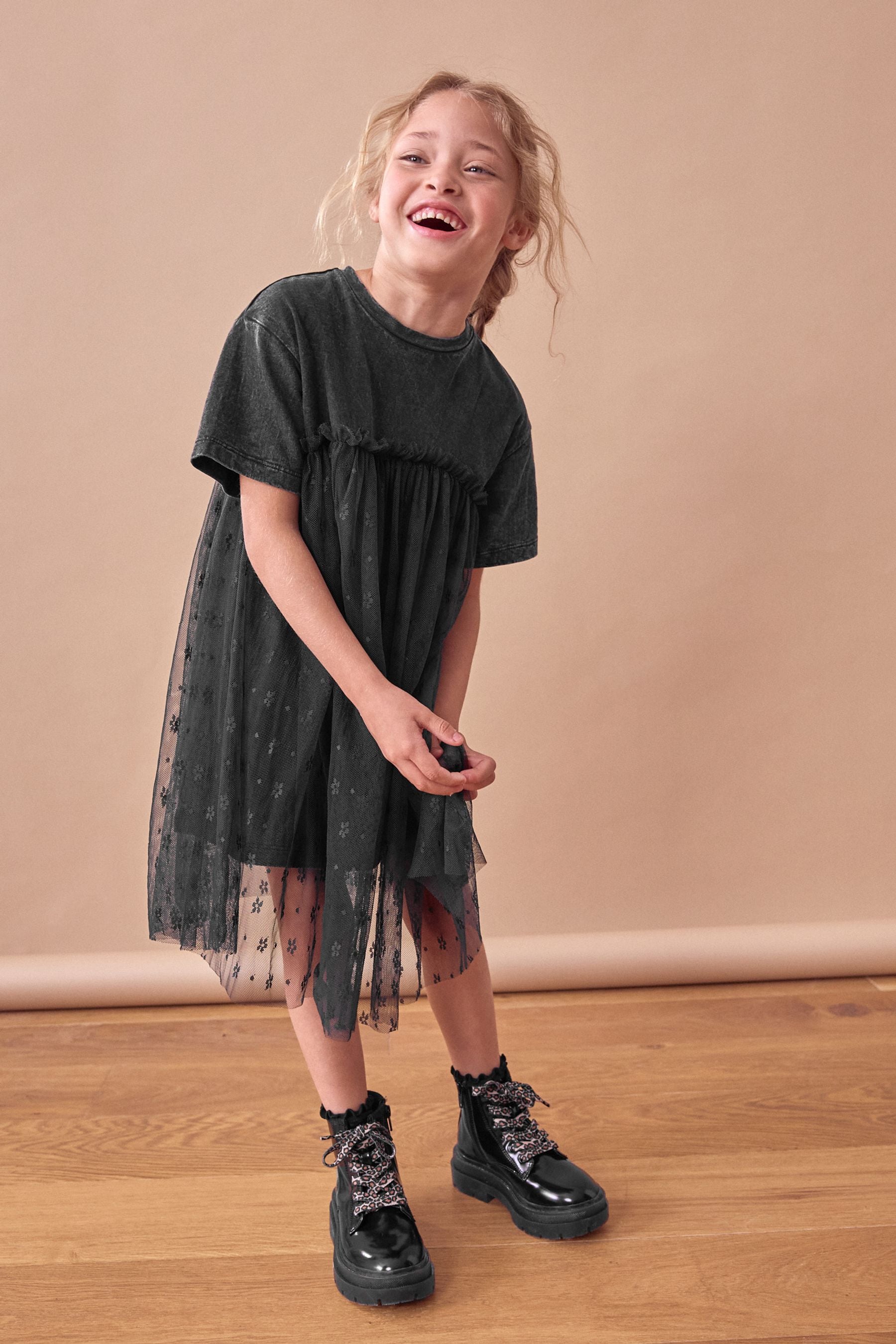 Washed Black Lace T-Shirt Dress (3-16yrs)