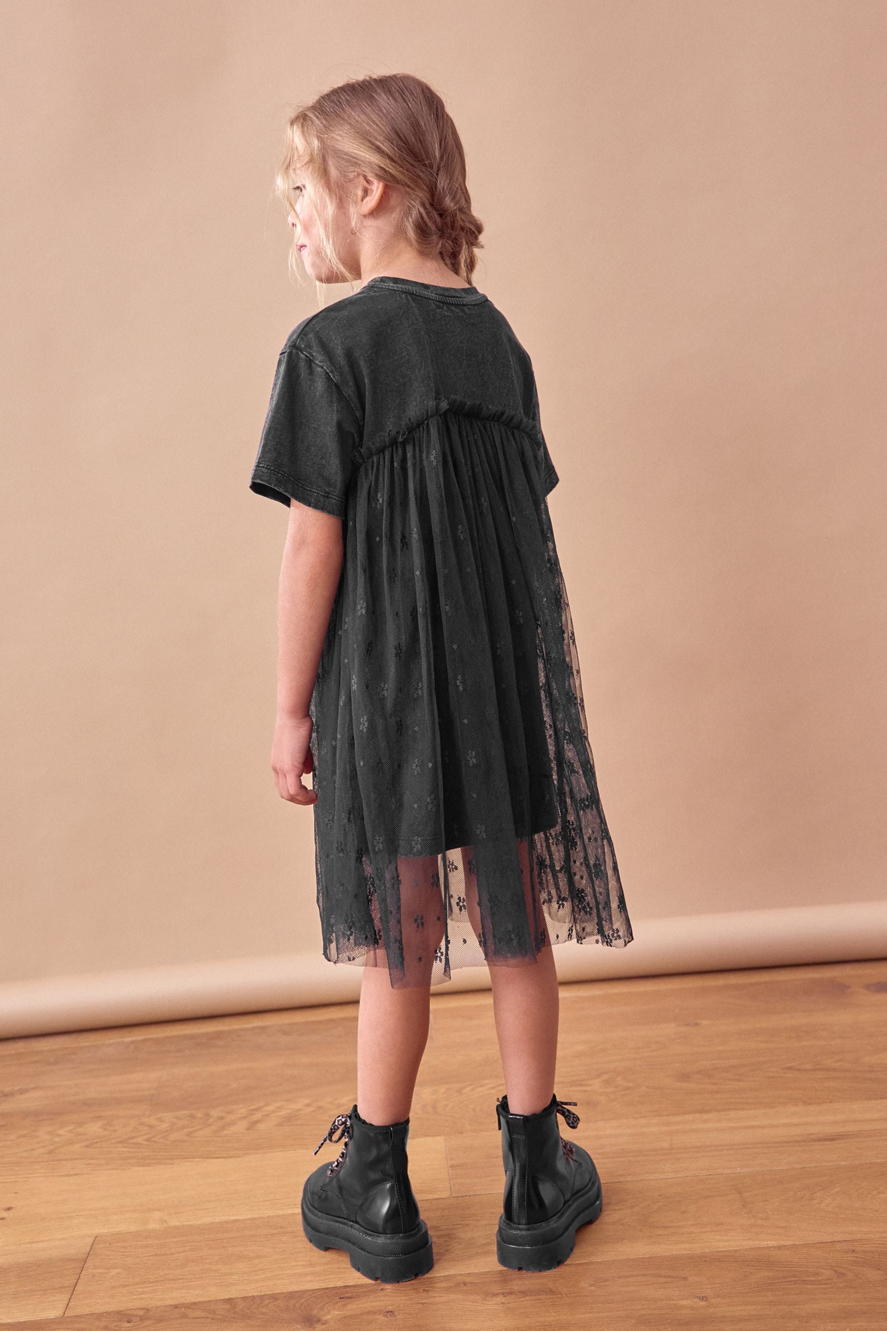 Washed Black Lace 100% Cotton T-Shirt Dress (3-16yrs)