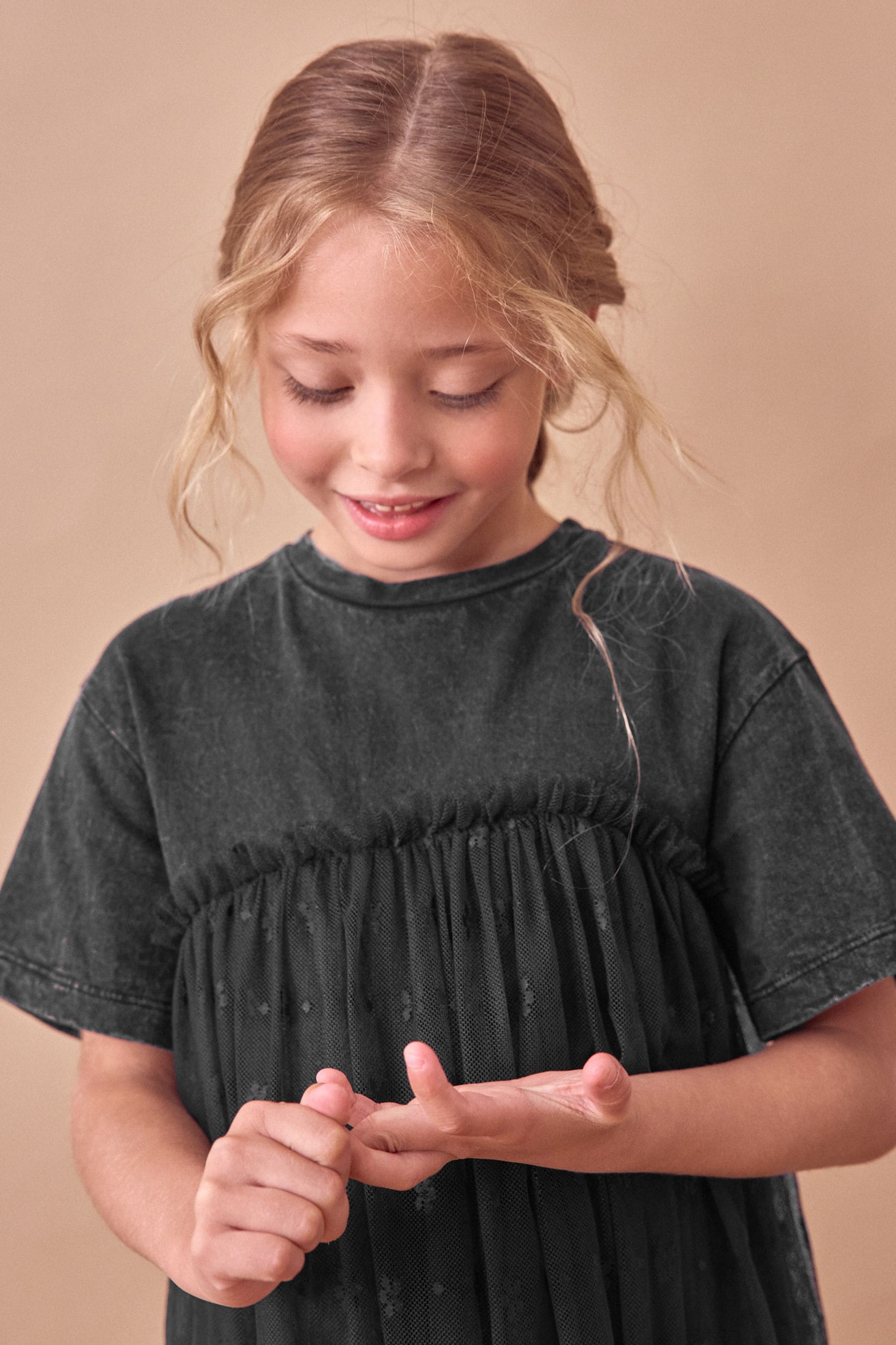 Washed Black Lace 100% Cotton T-Shirt Dress (3-16yrs)