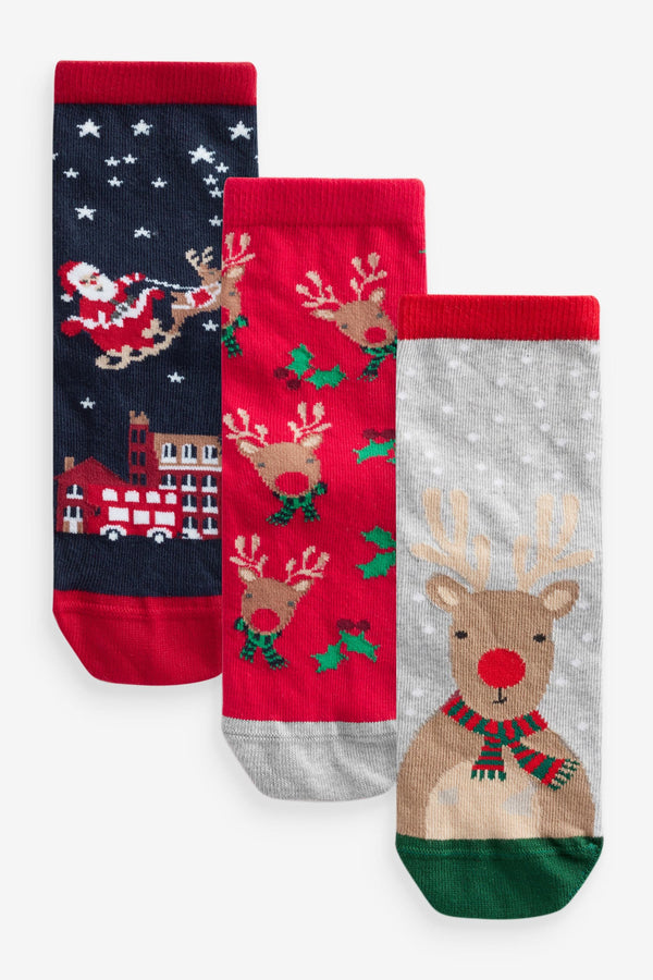 Red/Navy Cotton Rich Christmas Character Ankle Socks 3 Pack