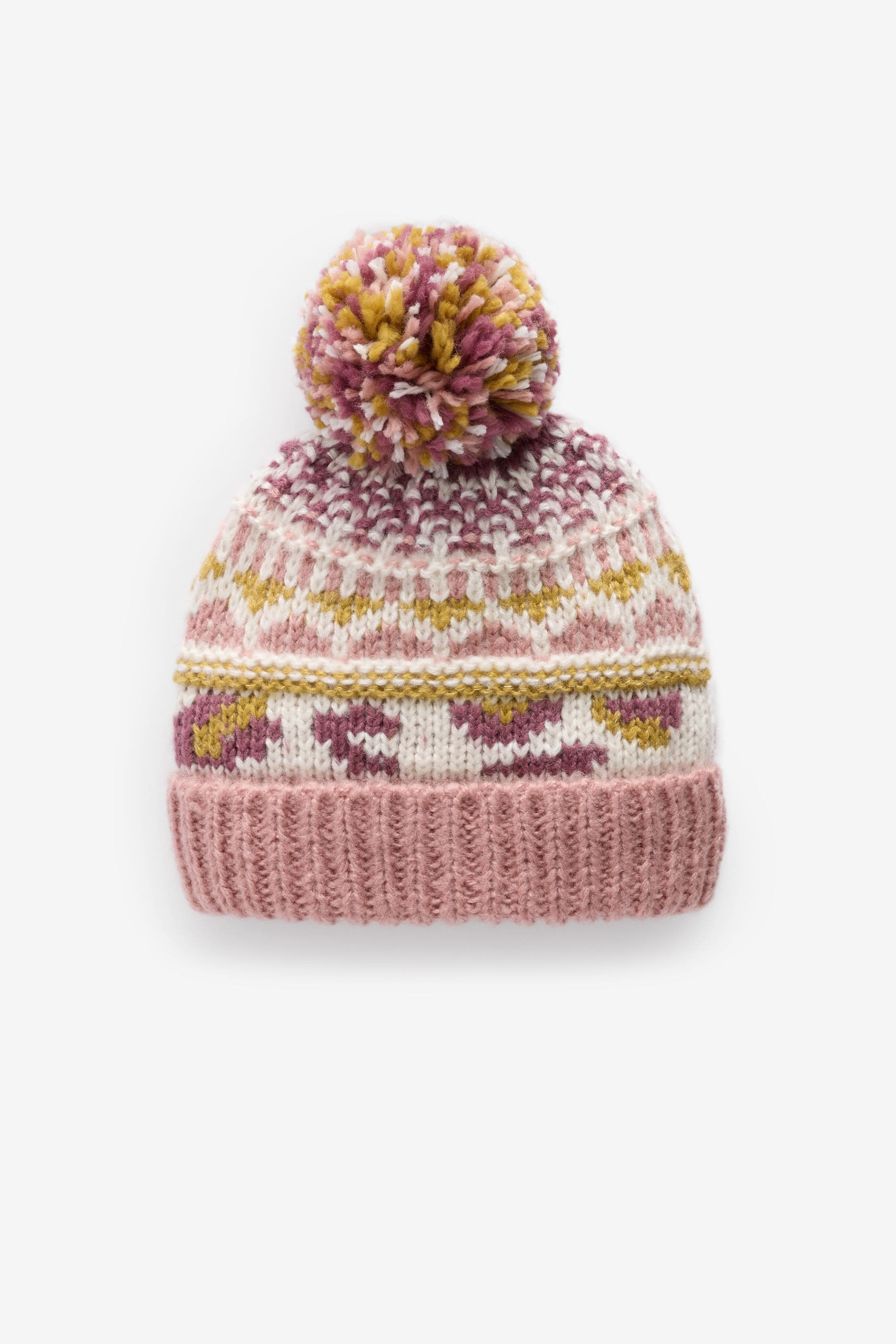 Pink Fairisle Pattern Pom Beanie Hat (3-16yrs)