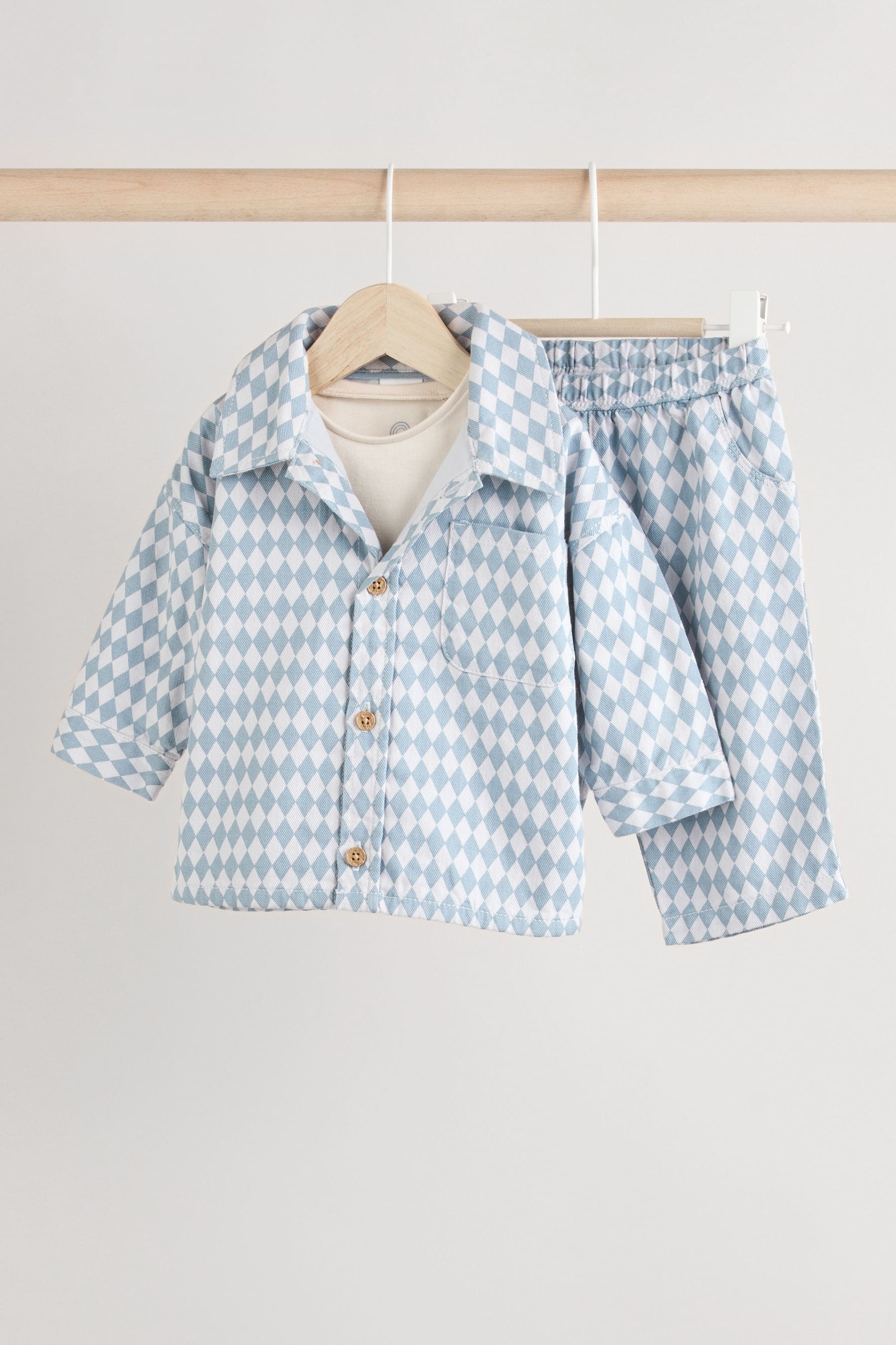 Blue Harlequin Baby Shirt And Trousers 100% Cotton Set 3 Piece (0mths-2yrs)