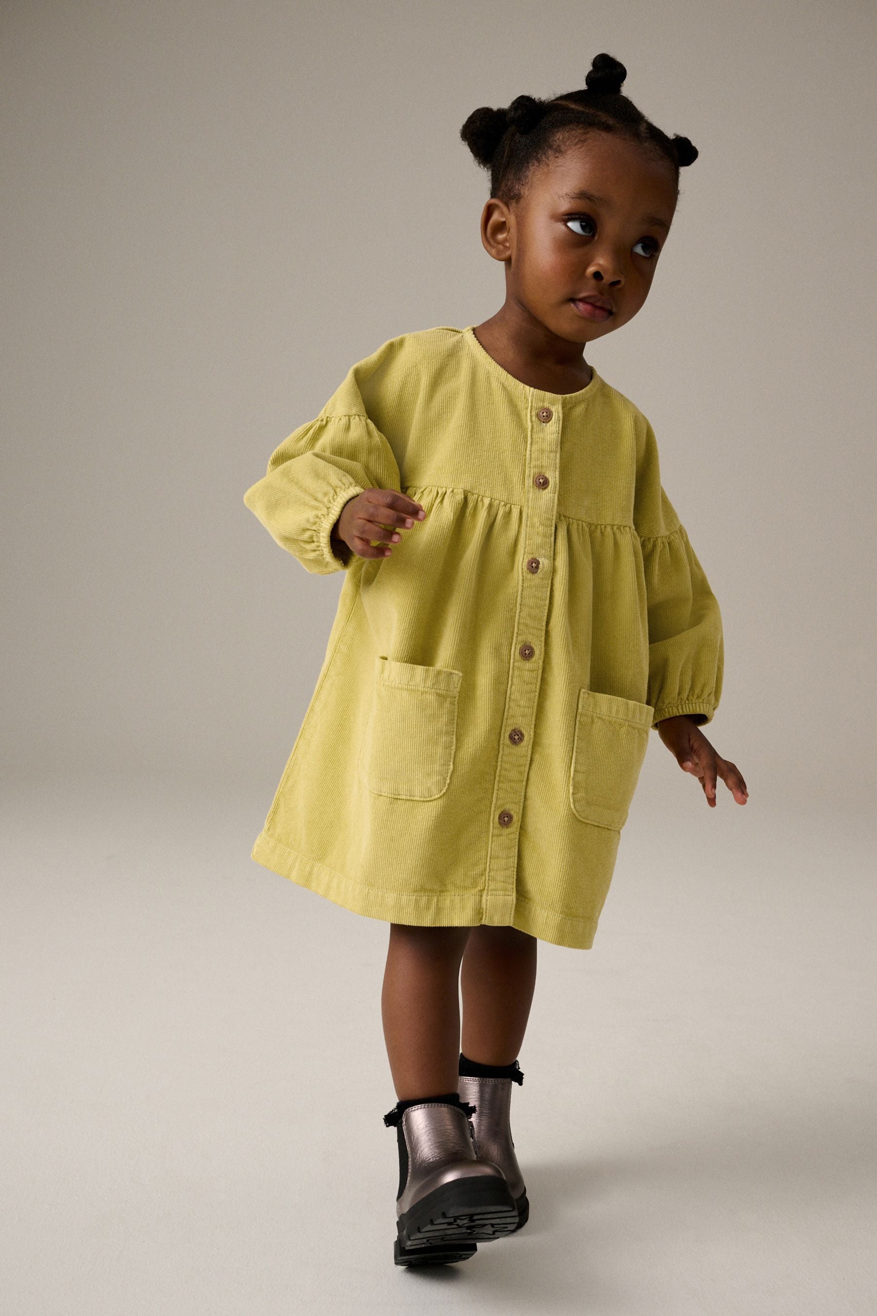 Citrine Green Cord 100% Cotton Button Through Dress (3mths-8yrs)