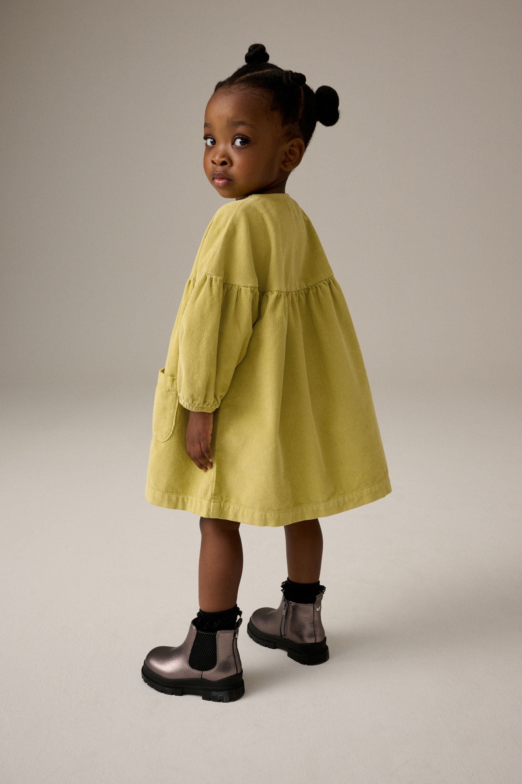 Citrine Green Cord 100% Cotton Button Through Dress (3mths-8yrs)