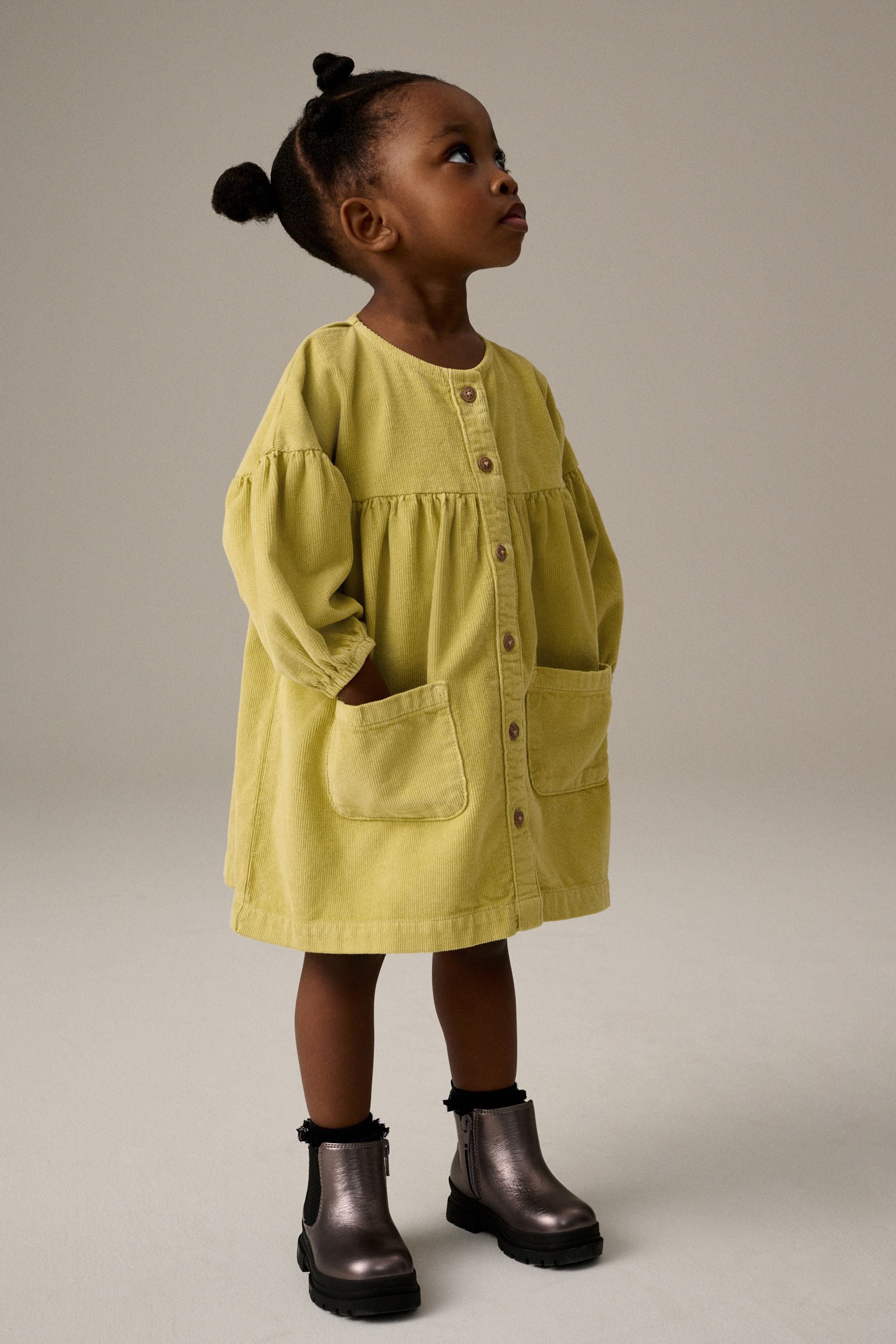 Citrine Green Cord 100% Cotton Button Through Dress (3mths-8yrs)