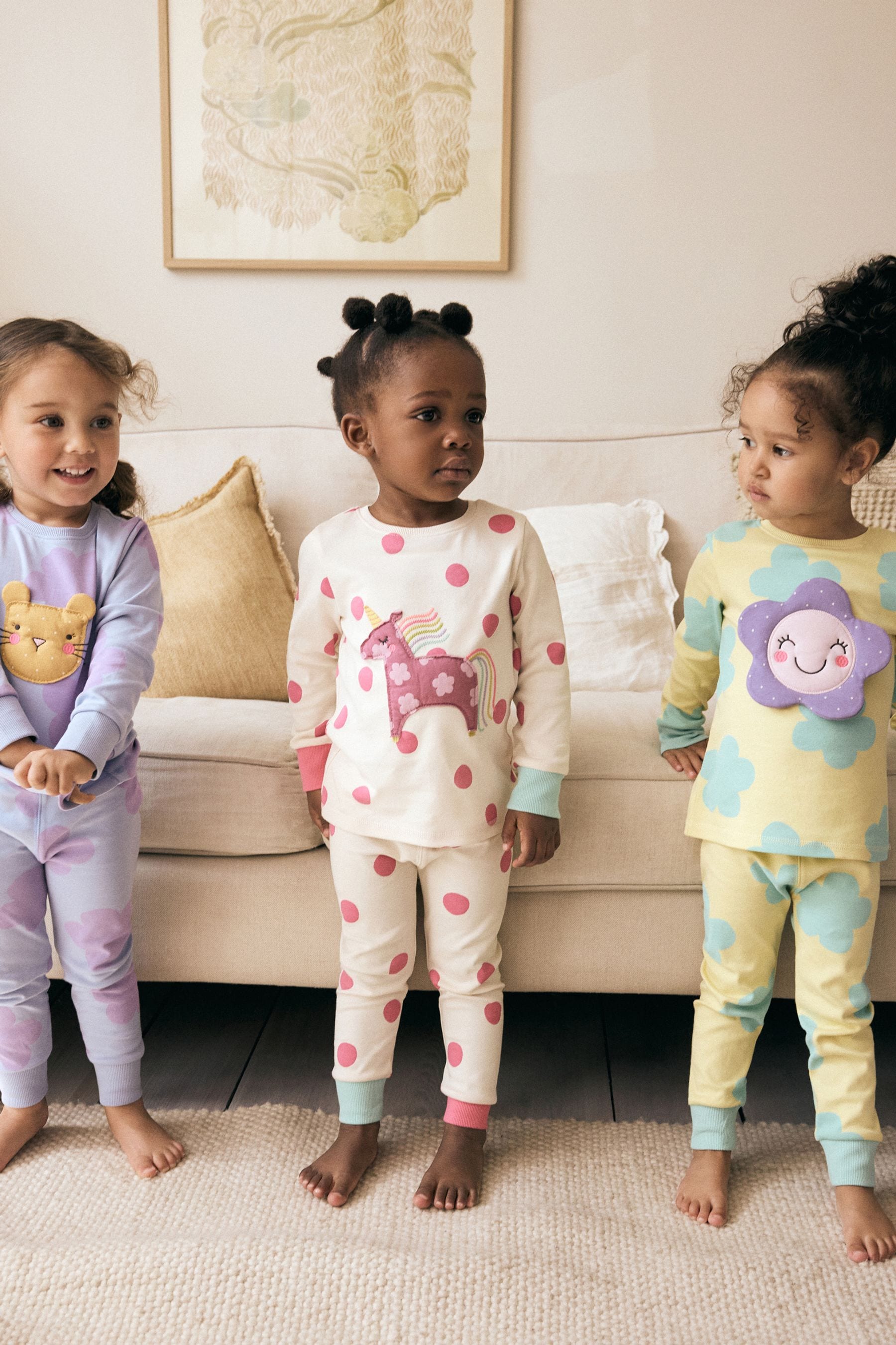 Pastel Cat/ Unicorn/ Flower 100% Cotton Long Sleeve Snuggle Pyjamas 3 Pack (9mths-16yrs)