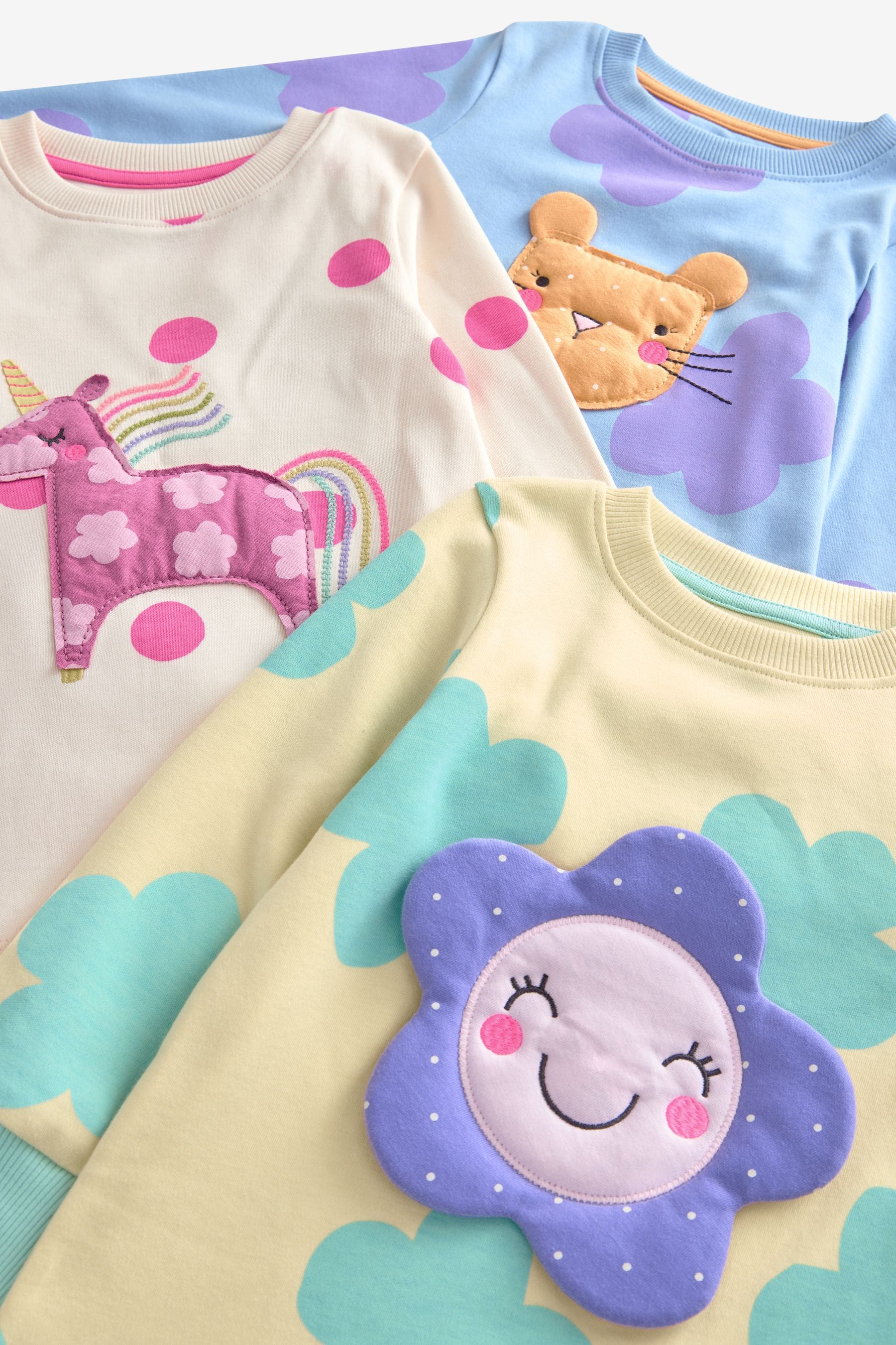 Pastel Cat/ Unicorn/ Flower 100% Cotton Long Sleeve Snuggle Pyjamas 3 Pack (9mths-16yrs)