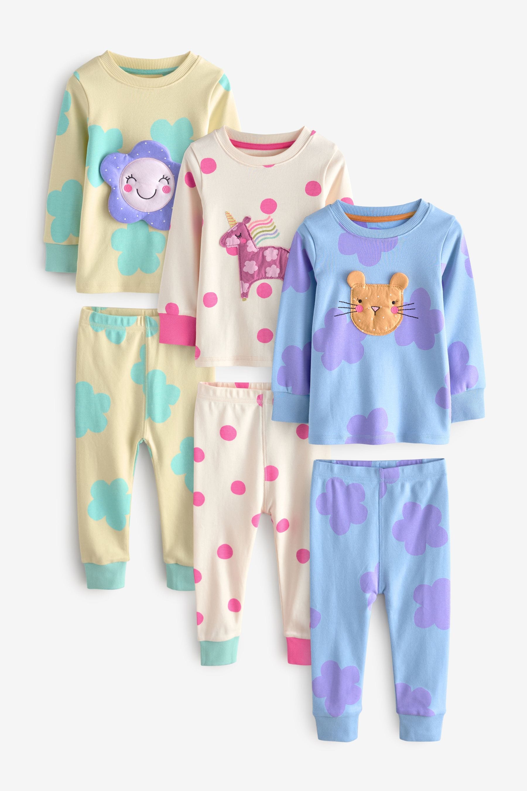 Pastel Cat/ Unicorn/ Flower 100% Cotton Long Sleeve Snuggle Pyjamas 3 Pack (9mths-16yrs)