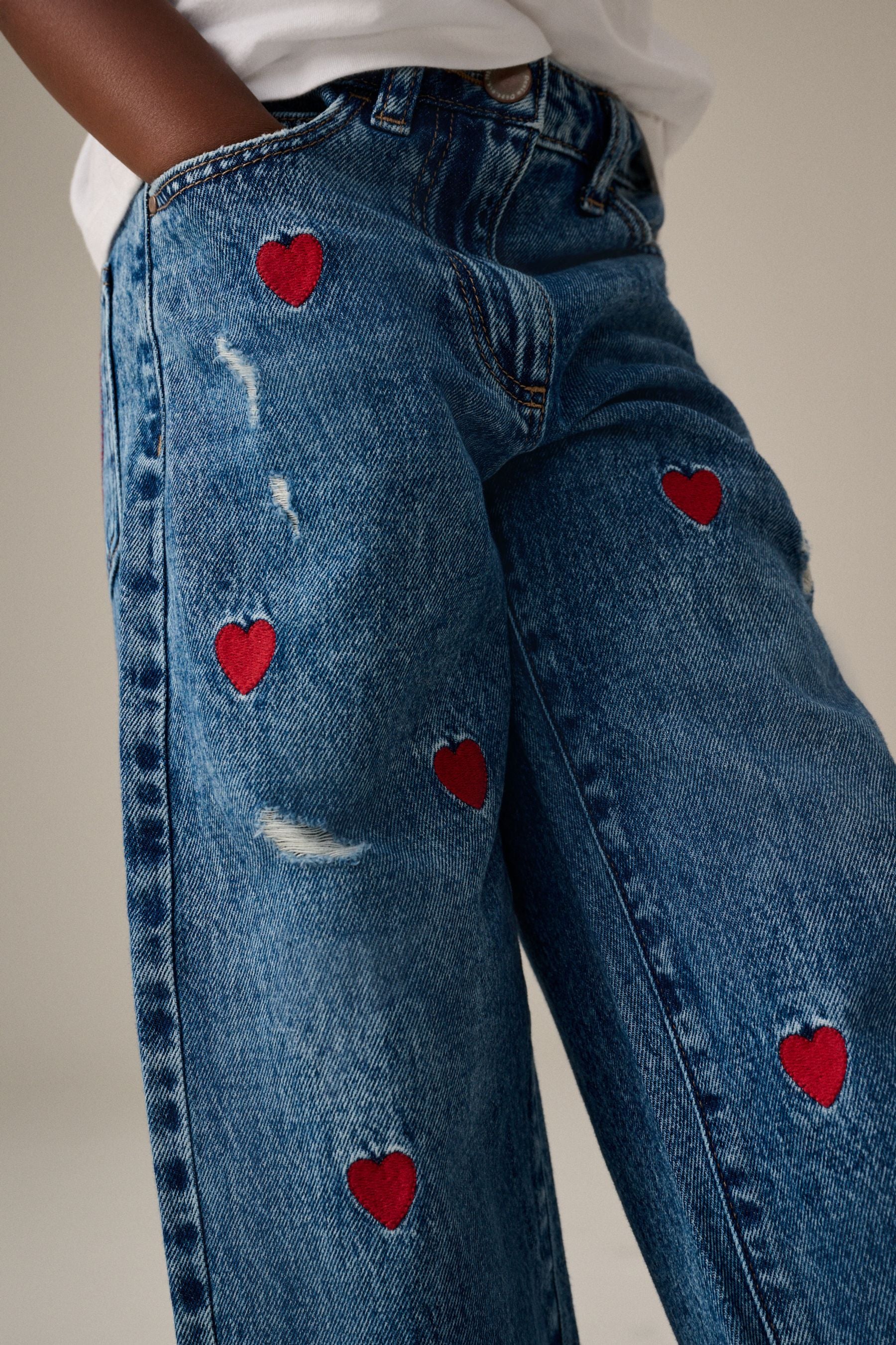 Blue Denim Heart Embroidered Balloon Jeans (3-16yrs)