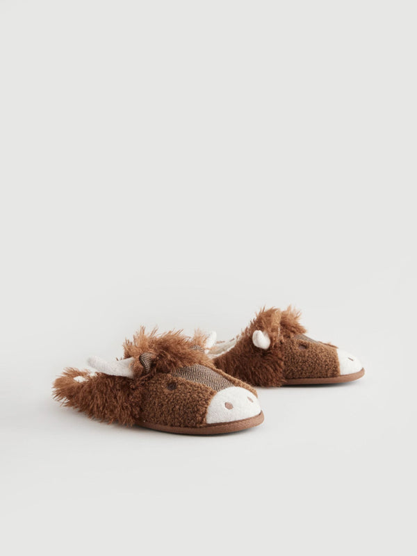 Brown Borg Lined Highland Cow Slippers