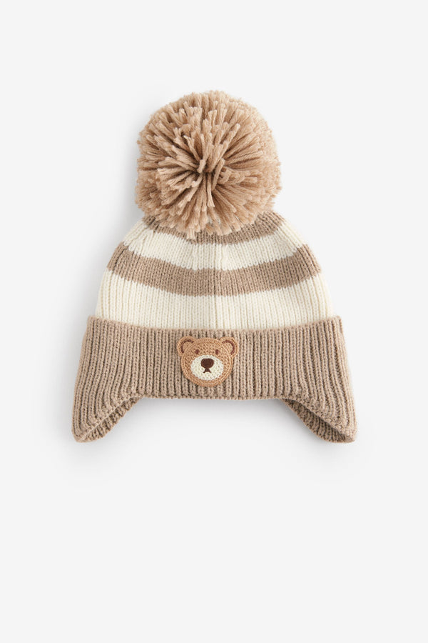 Neutral Stripe Bear Pom Hat (3mths-10yrs)