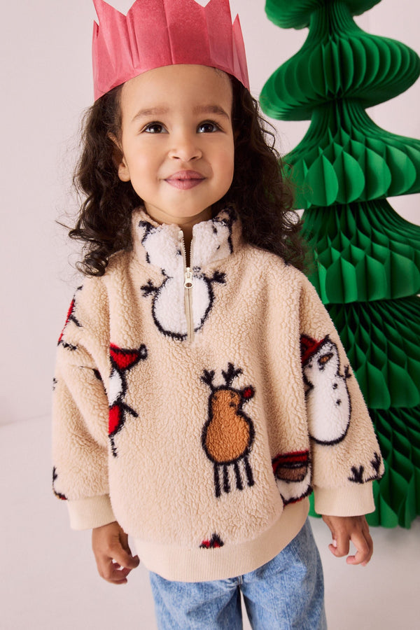 Cream Christmas Borg Fleece Half Zip Top (3mths-7yrs)