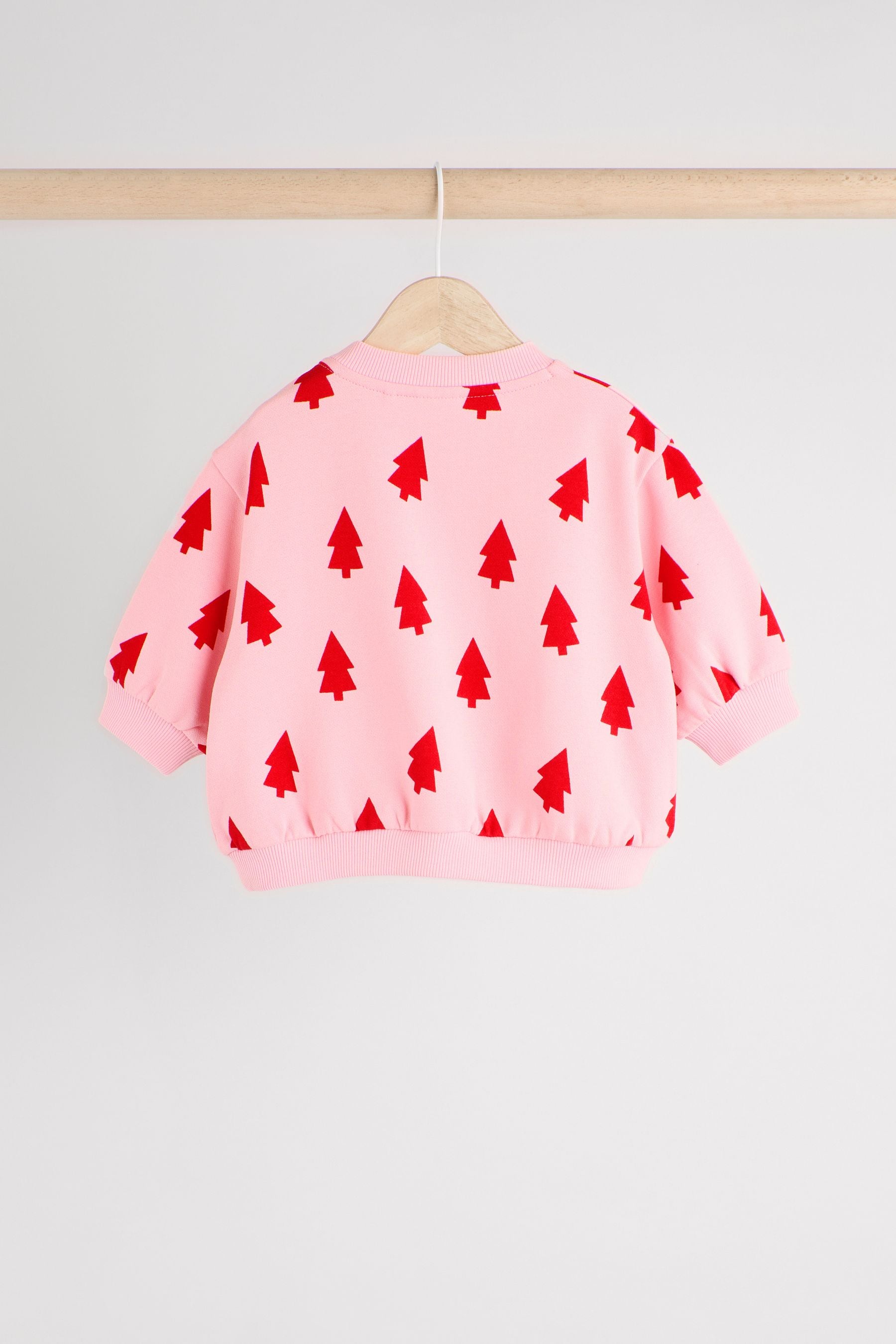 Pink Christmas Tree Print Baby Sweat Top And Leggings Set