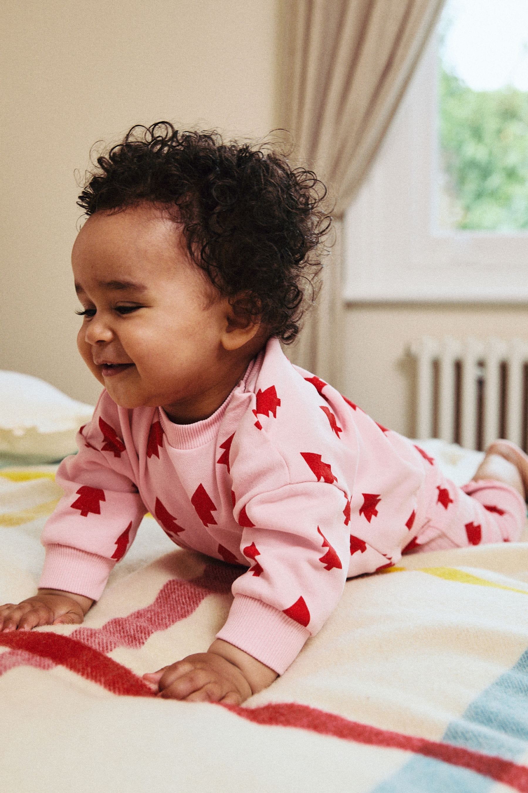 Pink Christmas Tree Print Baby Sweat Top And Leggings Set