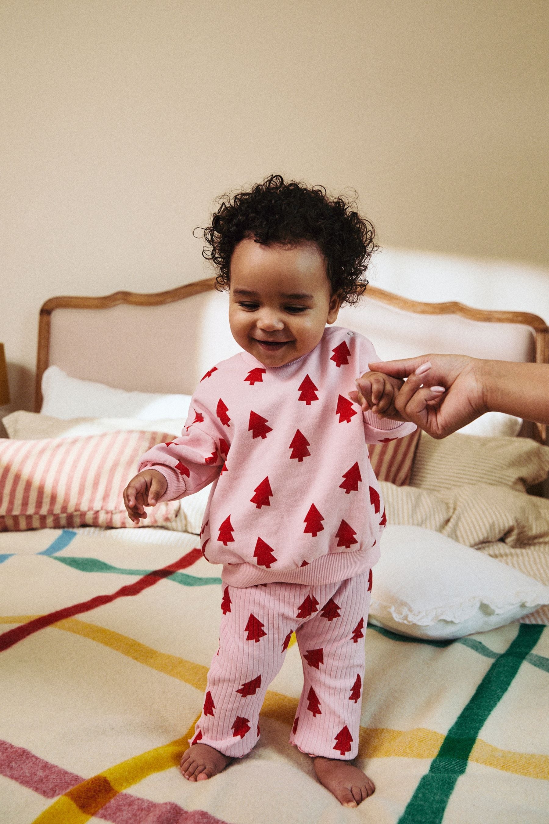 Pink Christmas Tree Print Baby Sweat Top And Leggings Set