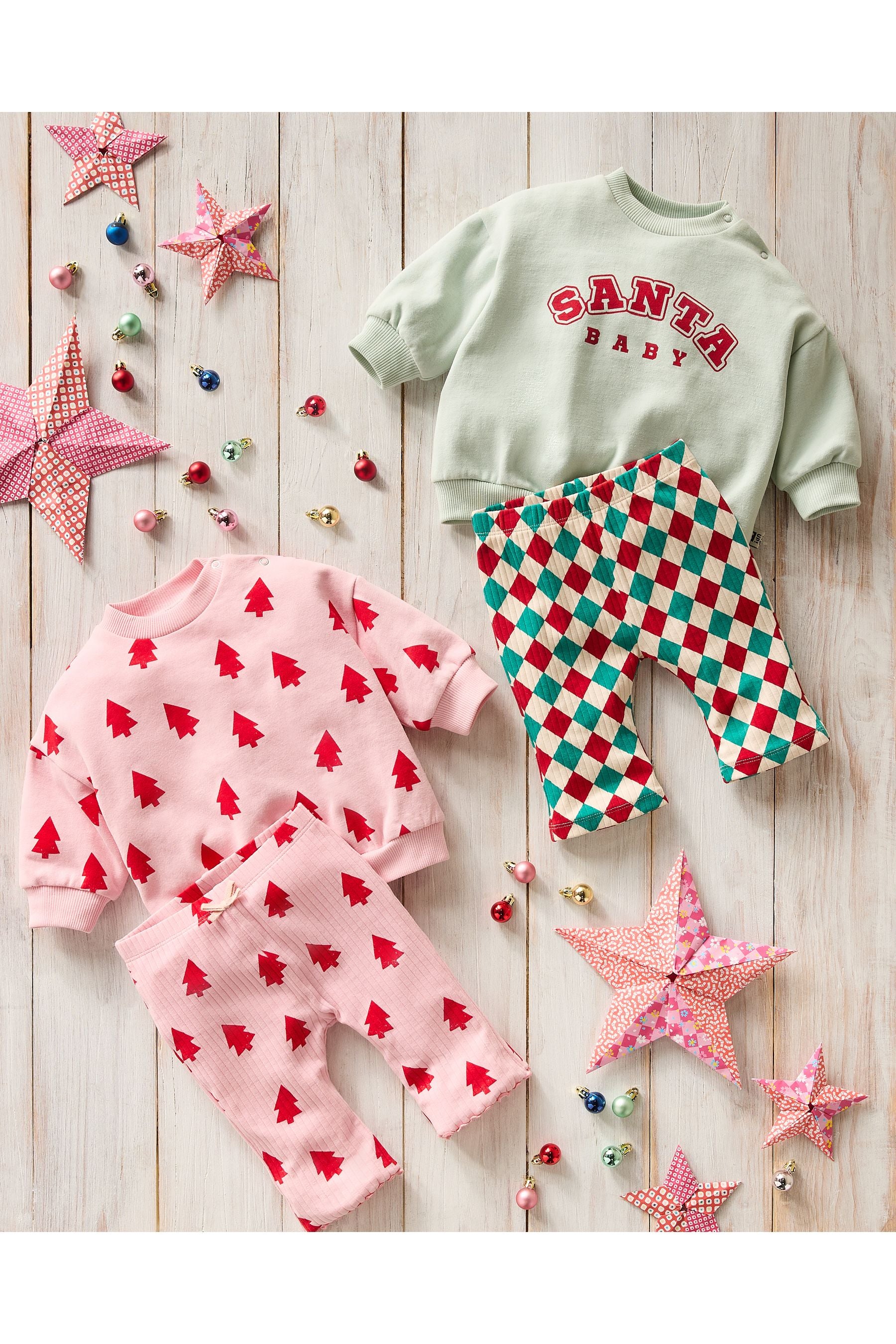 Pink Christmas Tree Print Baby Sweat Top And Leggings Set