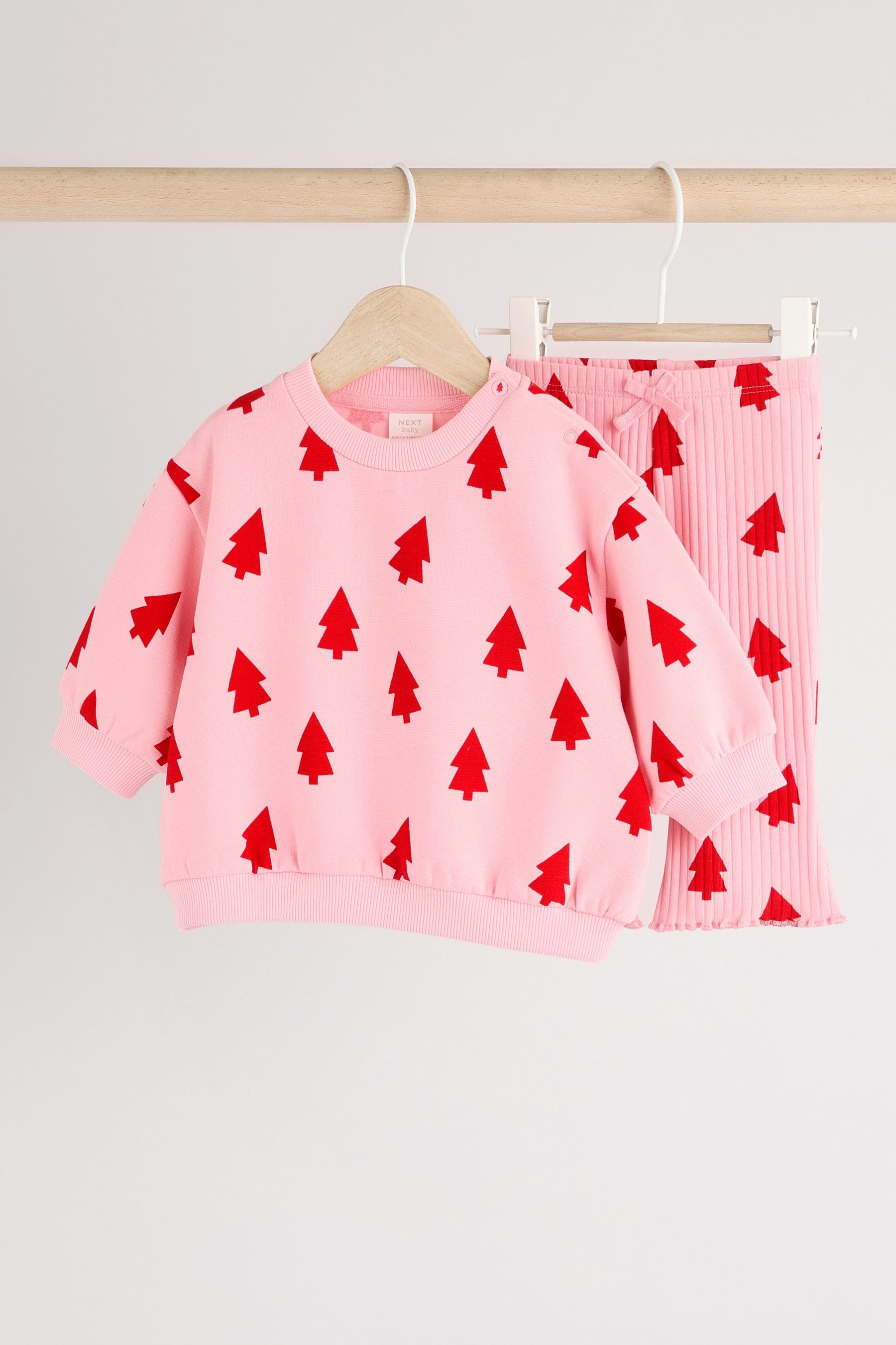 Pink Christmas Tree Print Baby Sweat Top And Leggings Set