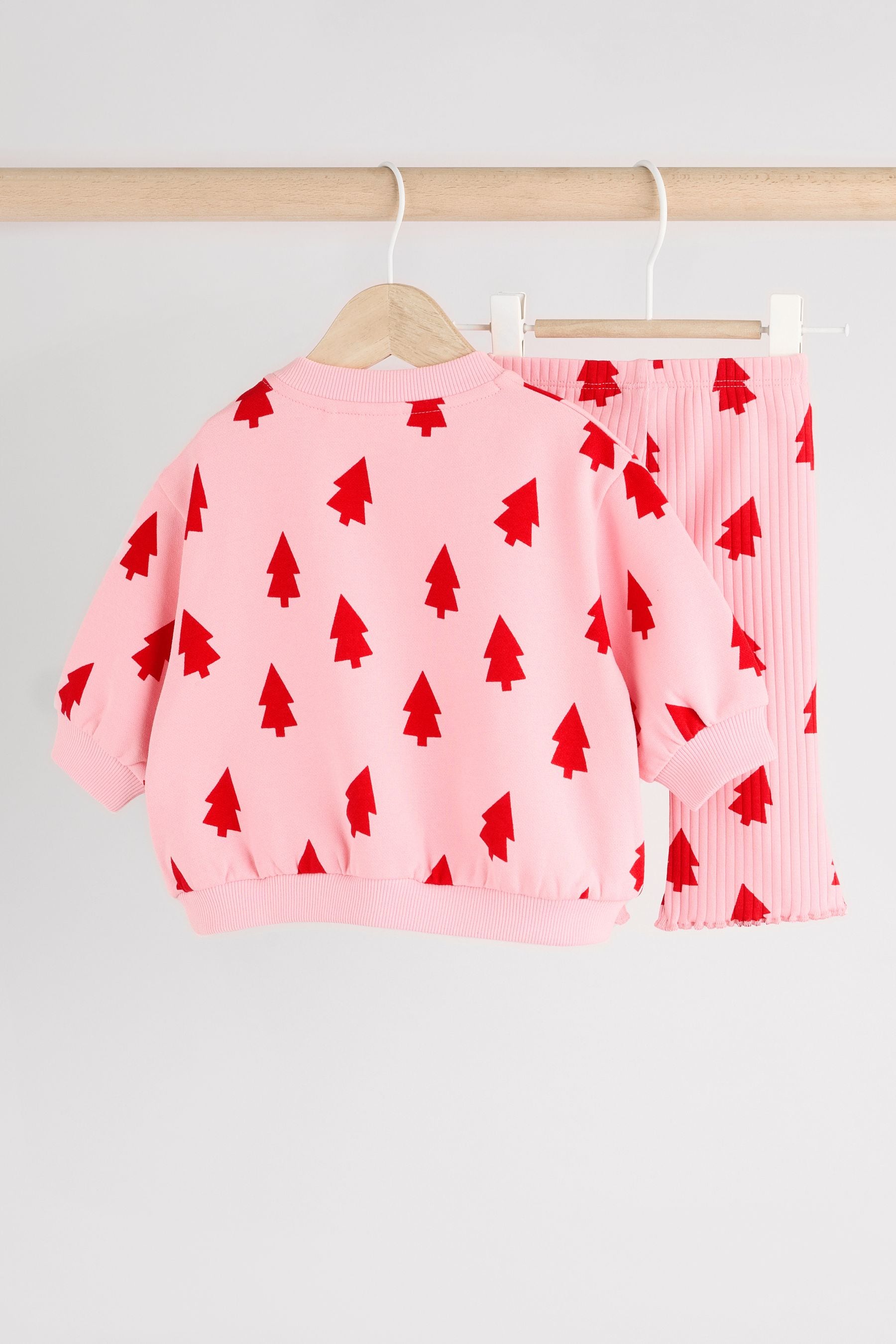 Pink Christmas Tree Print Baby Sweat Top And Leggings Set