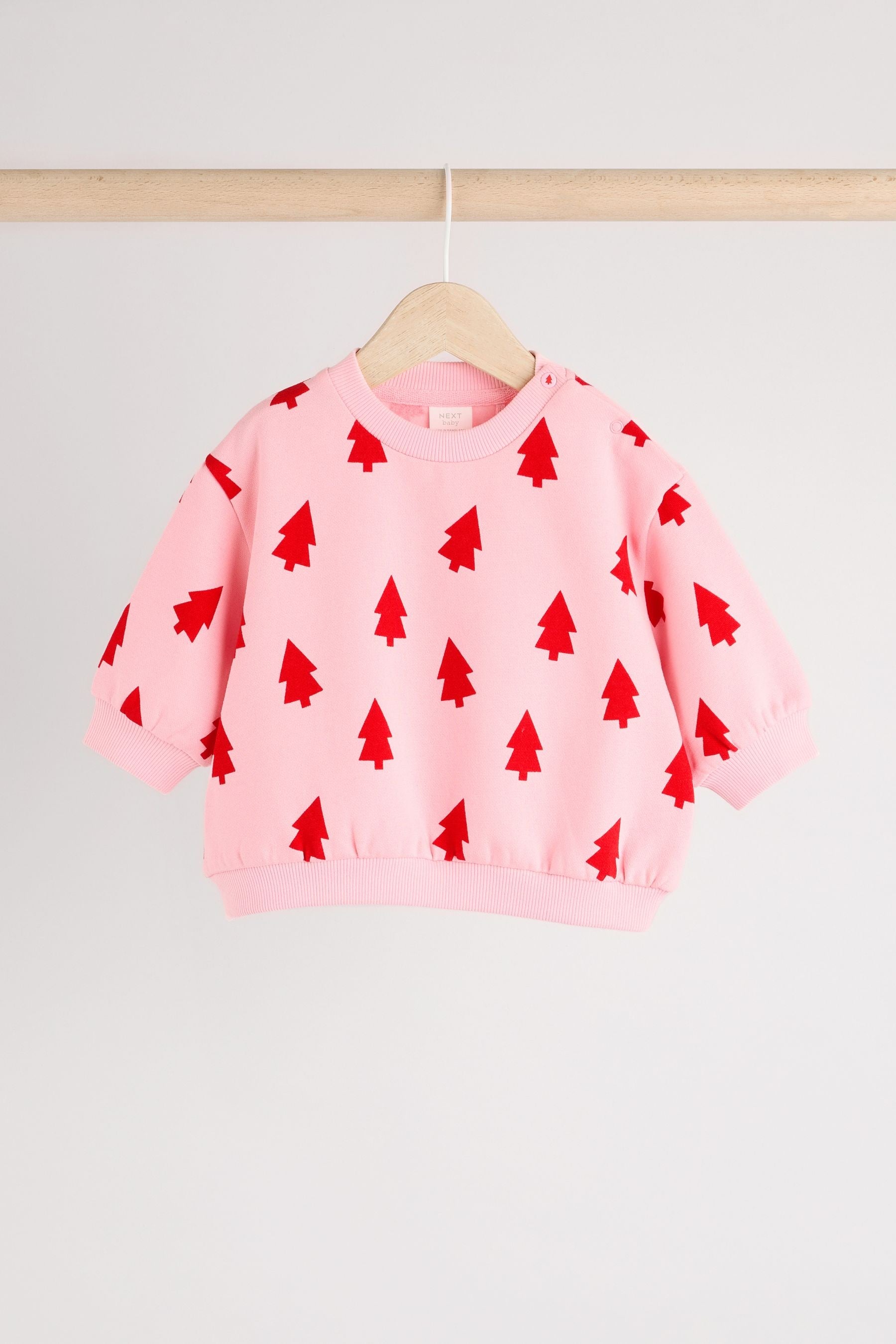 Pink Christmas Tree Print Baby Sweat Top And Leggings Set