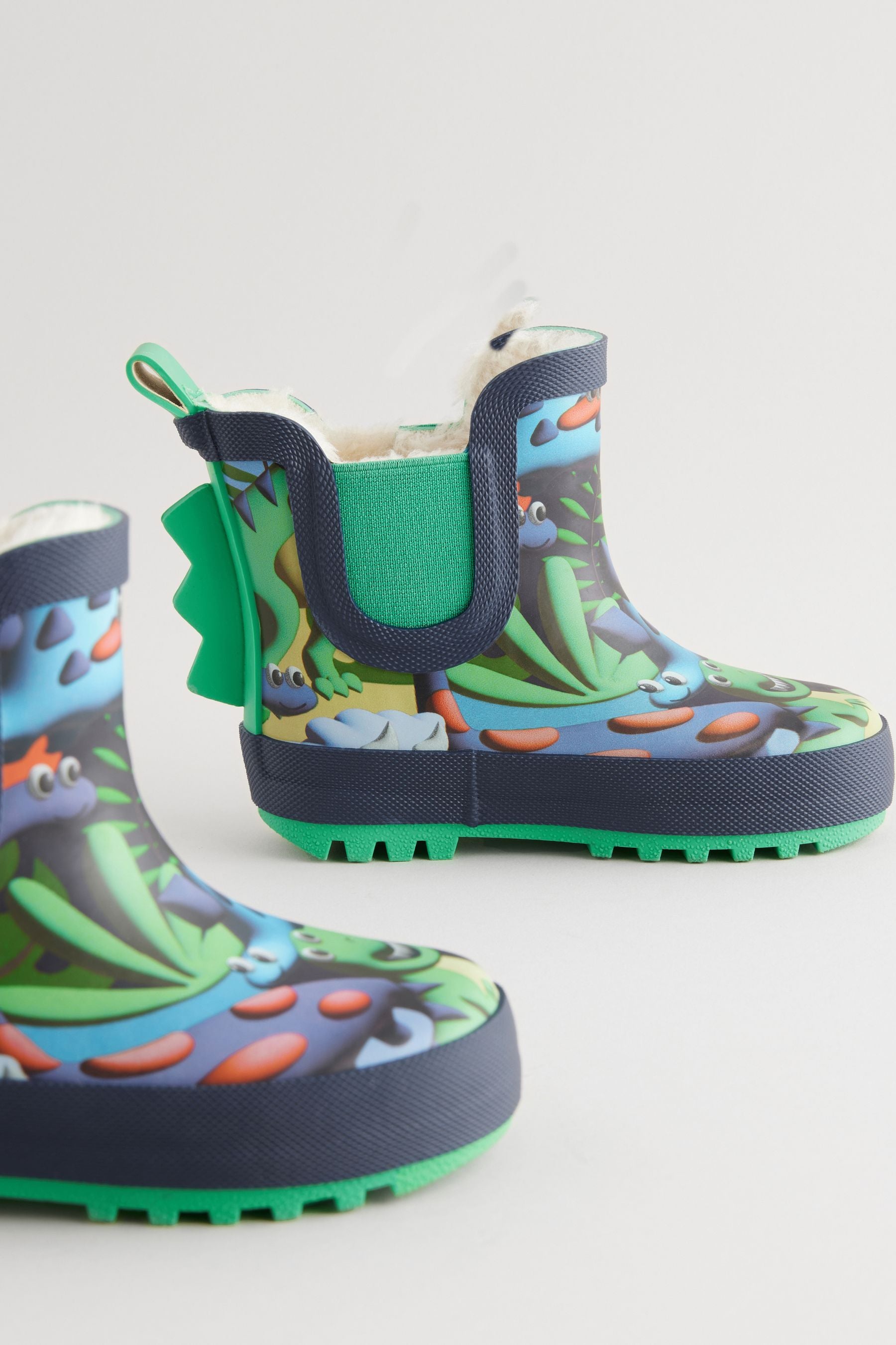 Green Dinosaur Print Warm Lined Ankle Wellies