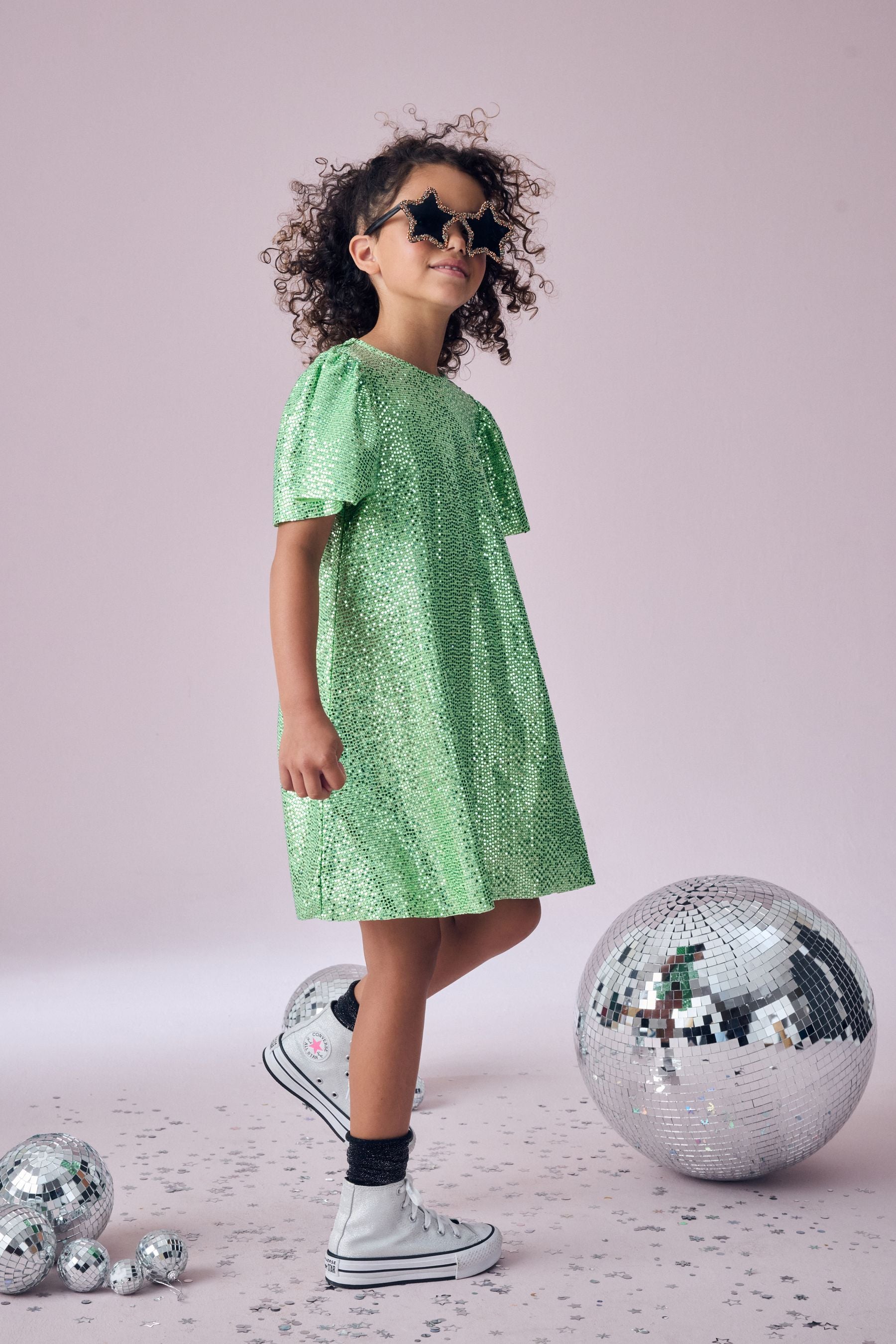 Green Sparkle Angel Sleeve Party Dress (3-16yrs)