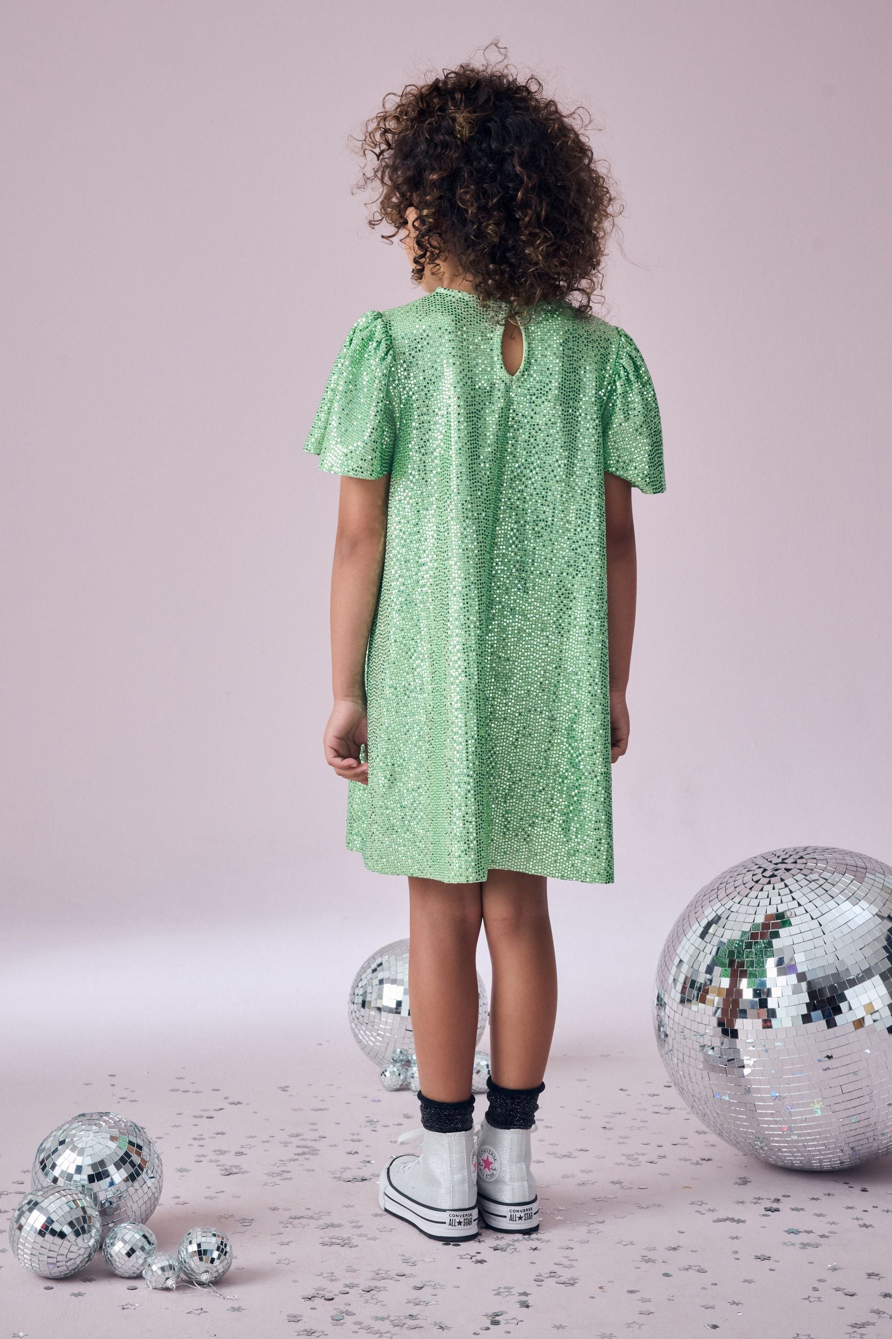 Green Sparkle Angel Sleeve Party Dress (3-16yrs)