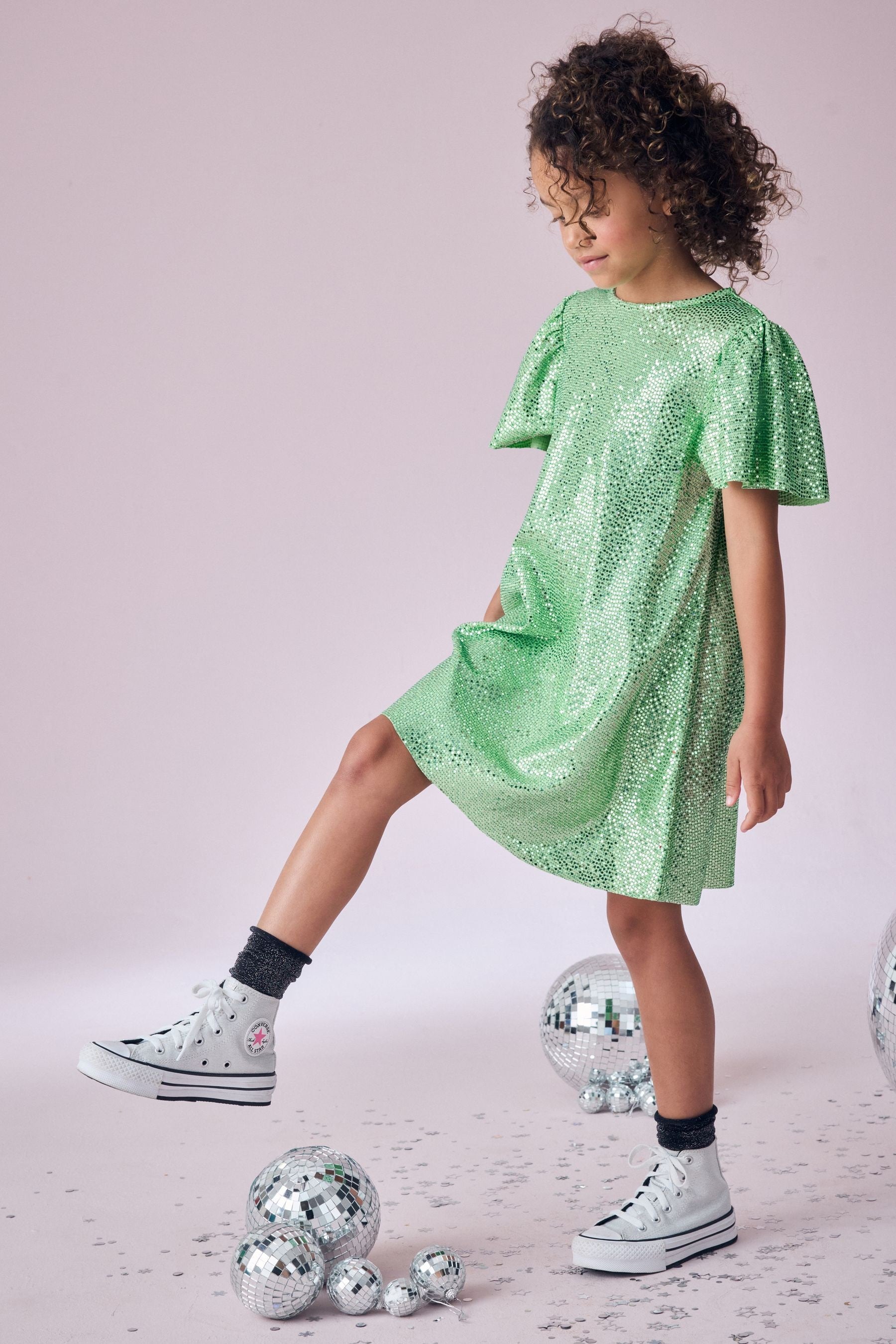 Green Sparkle Angel Sleeve Party Dress (3-16yrs)