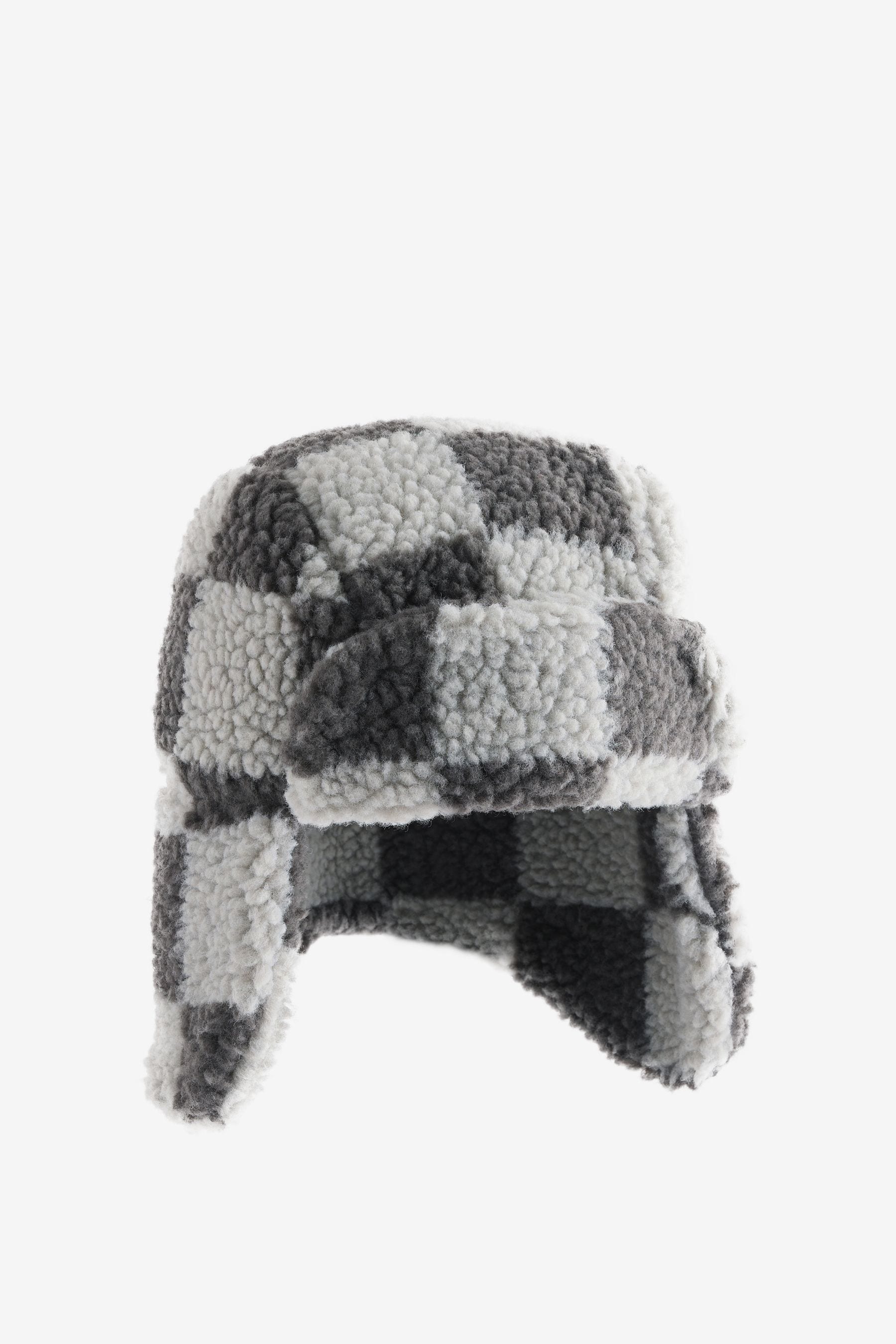 Check Grey/Ecru Borg Trapper Hat (3mths-10yrs)