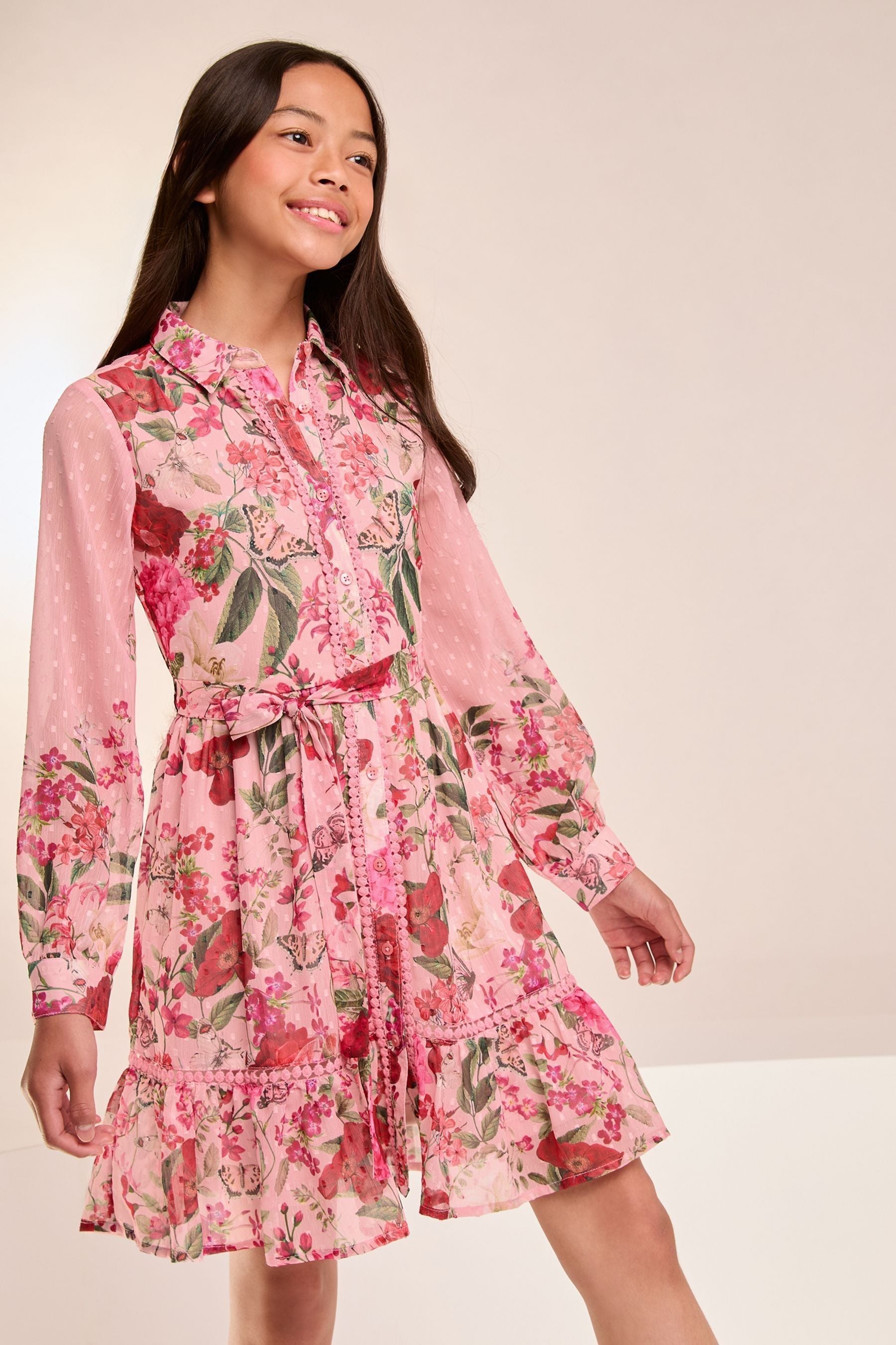 Lipsy Pink Floral Chiffon Trim Shirt Dress (5-16yrs)