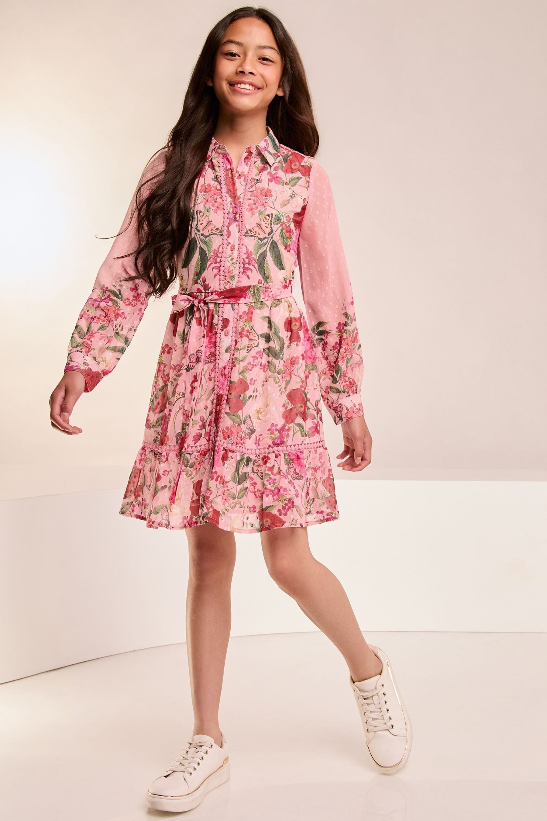 Lipsy Pink Floral Chiffon Trim Shirt Dress (5-16yrs)