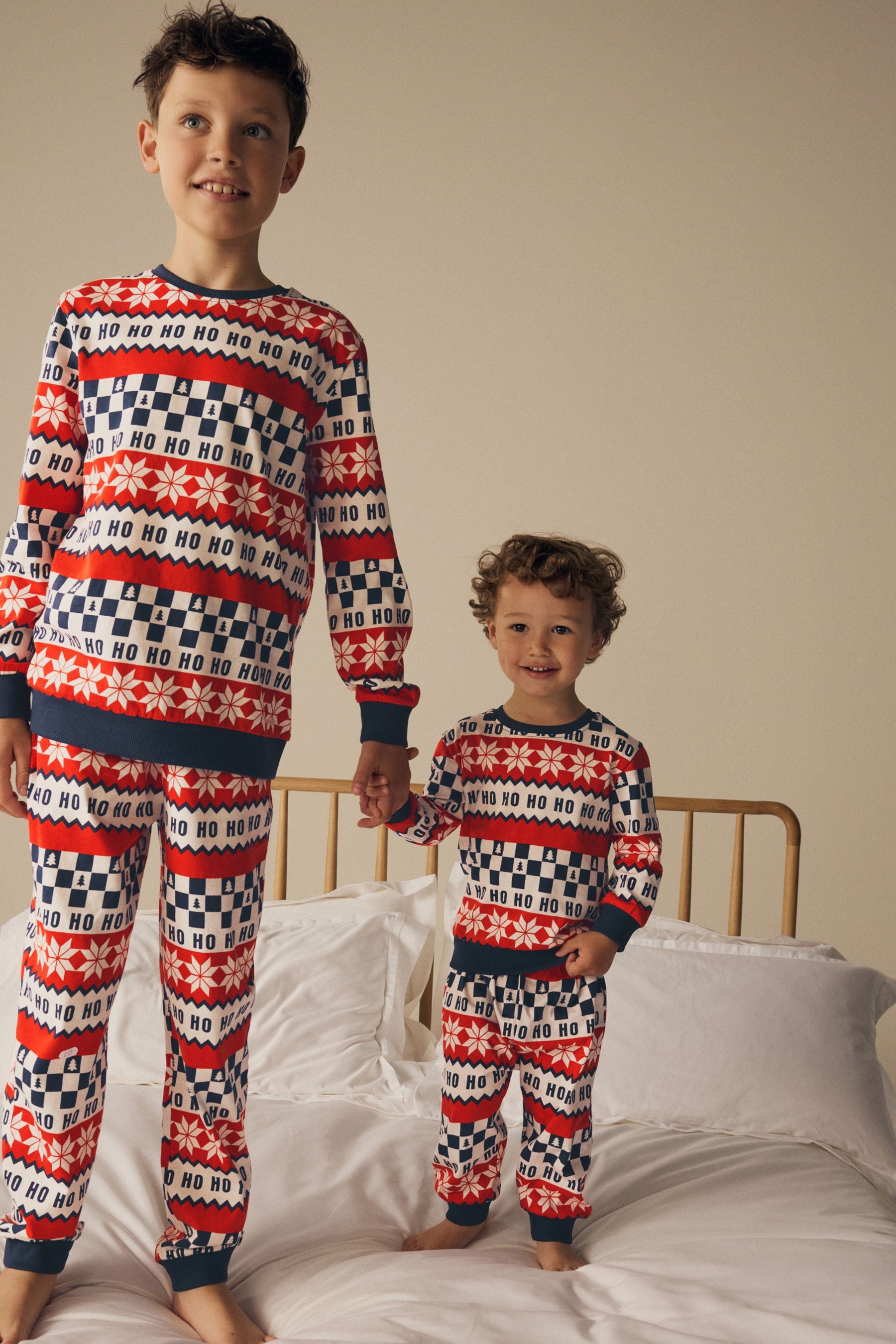 Red/Navy Blue Matching Family Kids Christmas Ho Ho Ho Fairisle Pattern 100% Cotton Pyjamas (9mths-16yrs)