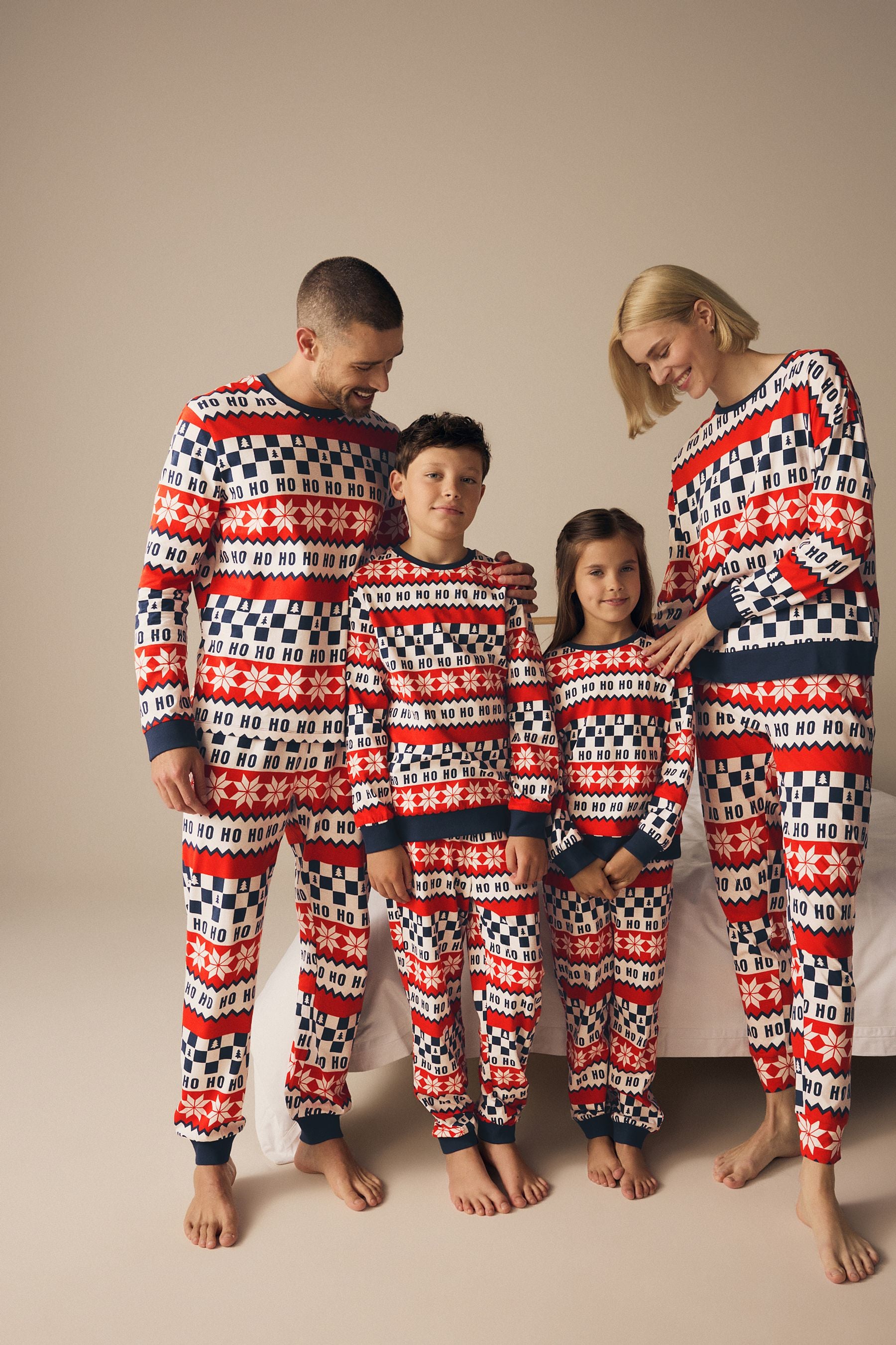 Red/Navy Blue Matching Family Kids Christmas Ho Ho Ho Fairisle Pattern 100% Cotton Pyjamas (9mths-16yrs)