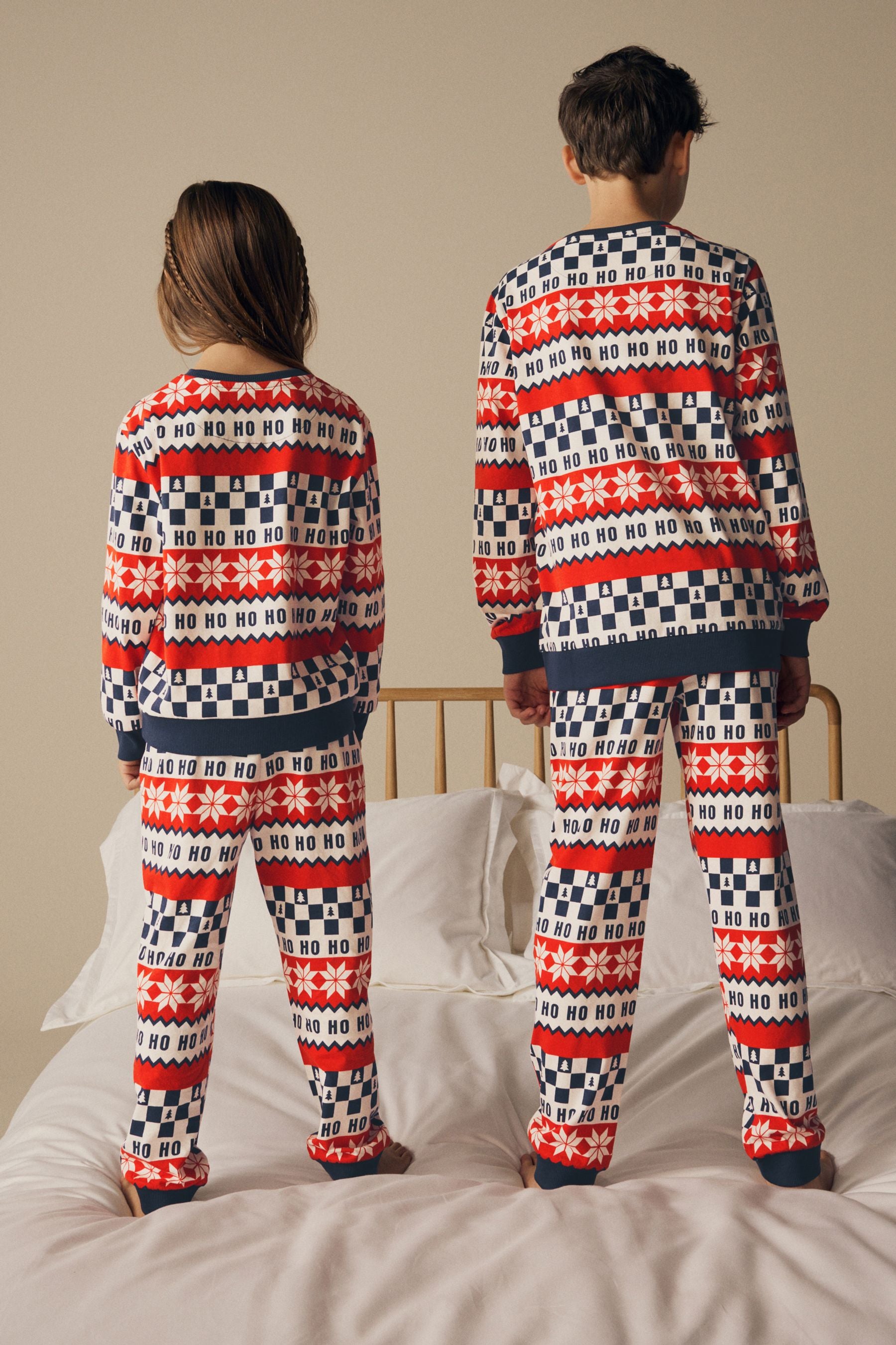 Red/Navy Blue Matching Family Kids Christmas Ho Ho Ho Fairisle Pattern 100% Cotton Pyjamas (9mths-16yrs)