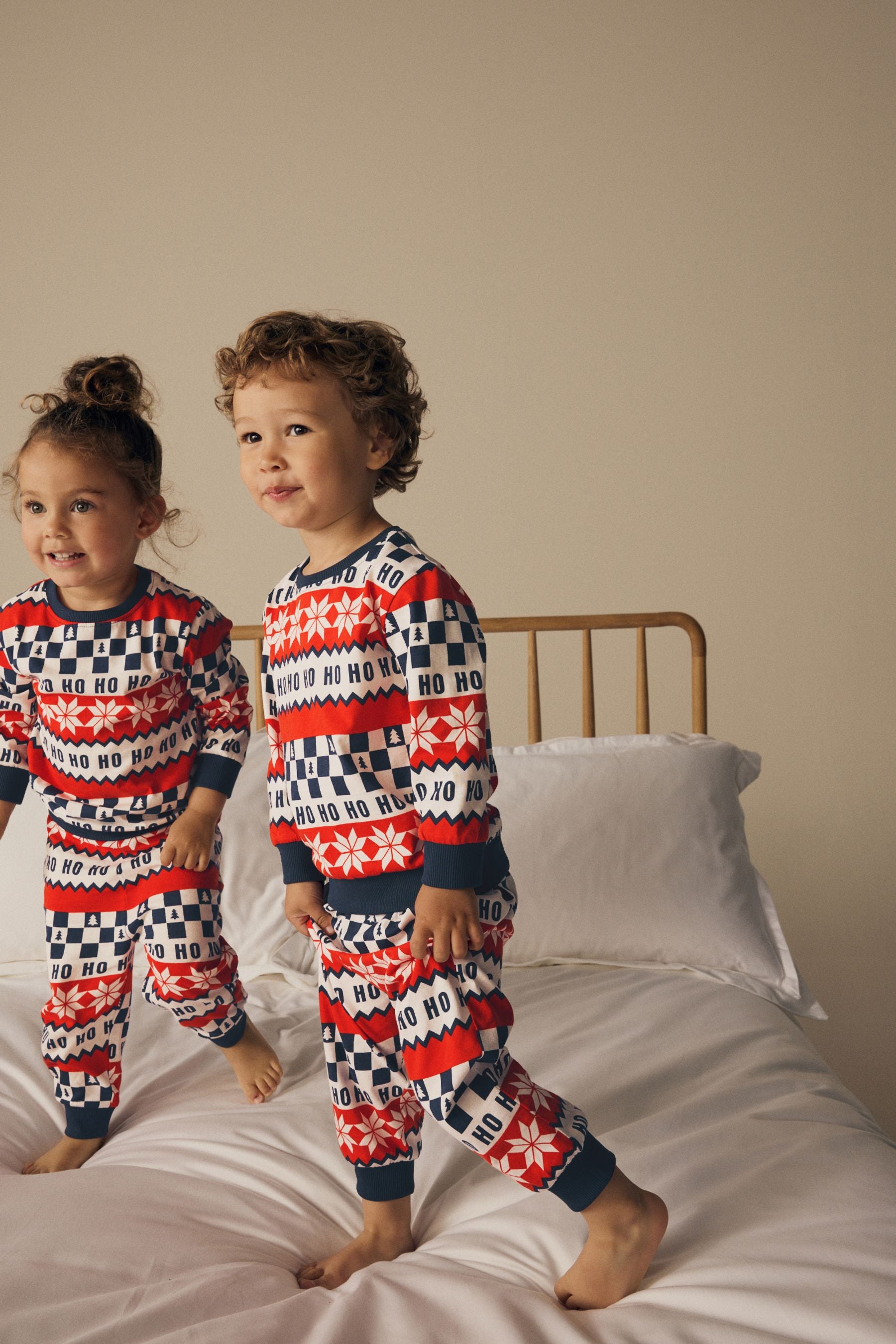 Red/Navy Blue Matching Family Kids Christmas Ho Ho Ho Fairisle Pattern 100% Cotton Pyjamas (9mths-16yrs)